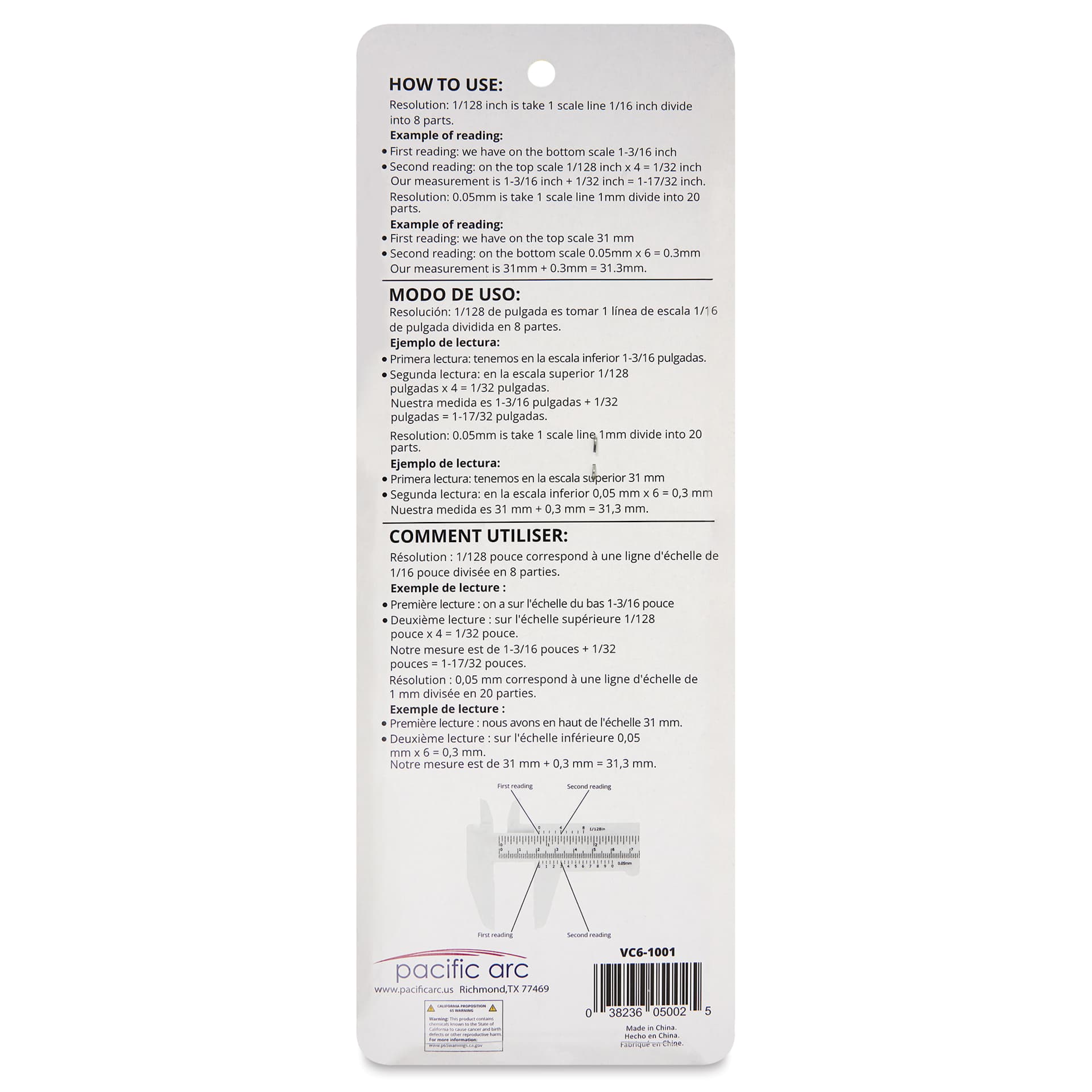 Pacific Arc Vernier Caliper - 6", back of packaging