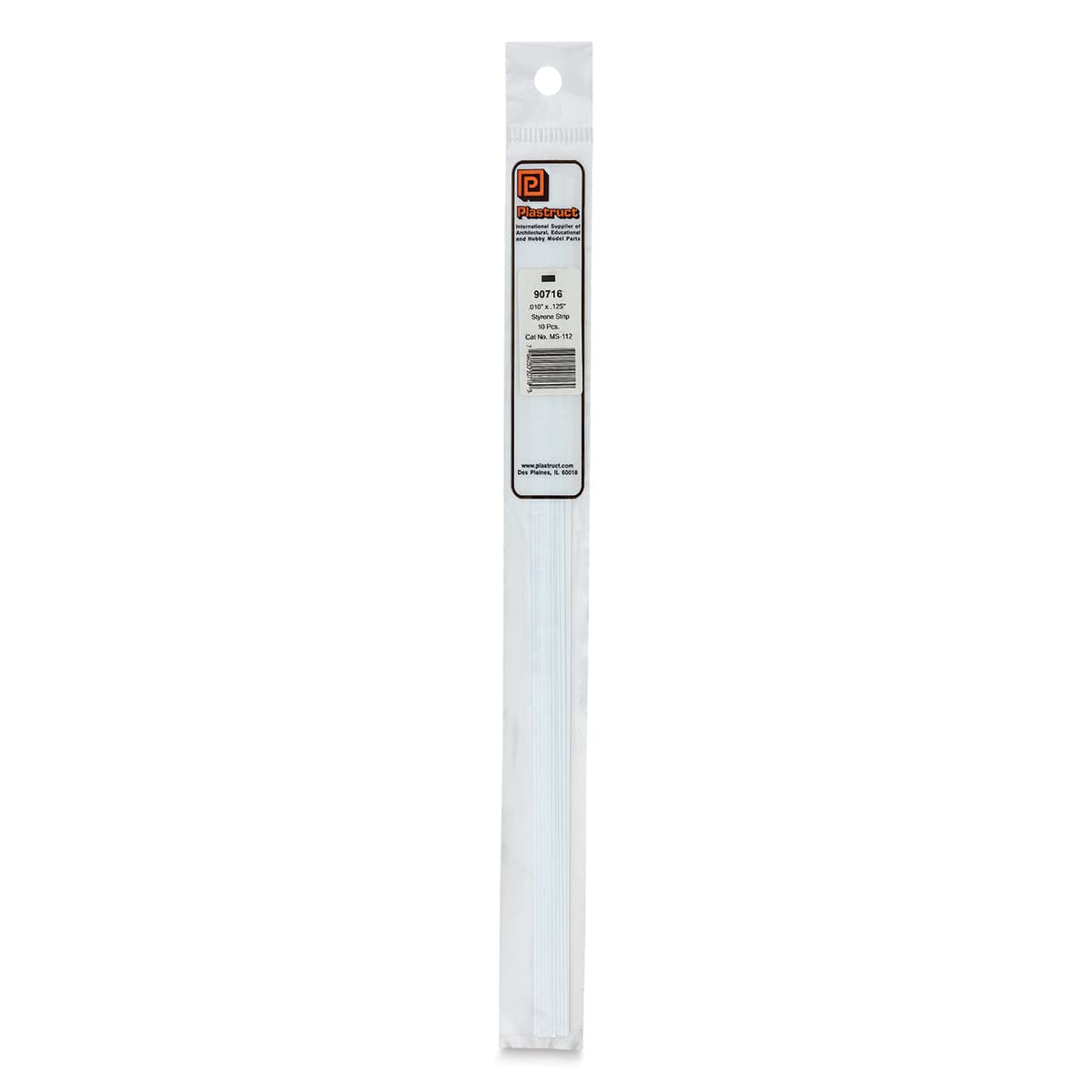 Plastruct Plastic Strip - Pkg of 10, 0.01" H × 0.125" W × 10" L - front of packaging