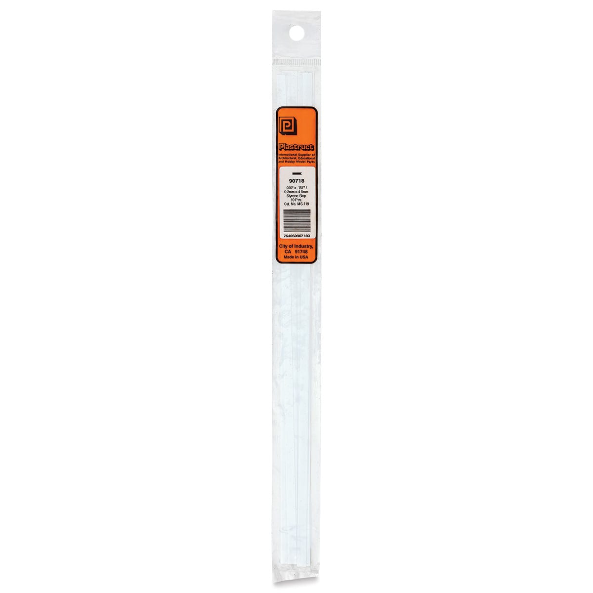 Plastruct Plastic Strip - Pkg of 10, 0.01" H × 0.187" W × 10" L - front of packaging