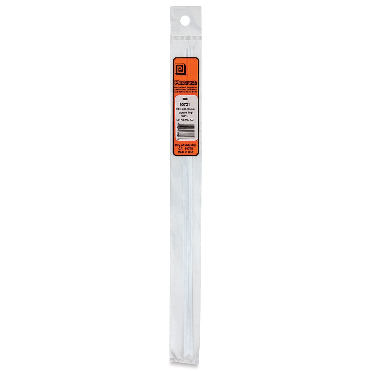 Plastruct Plastic Strip - Pkg of 10, 0.02" H × 0.03" W × 10" L - front of packaging