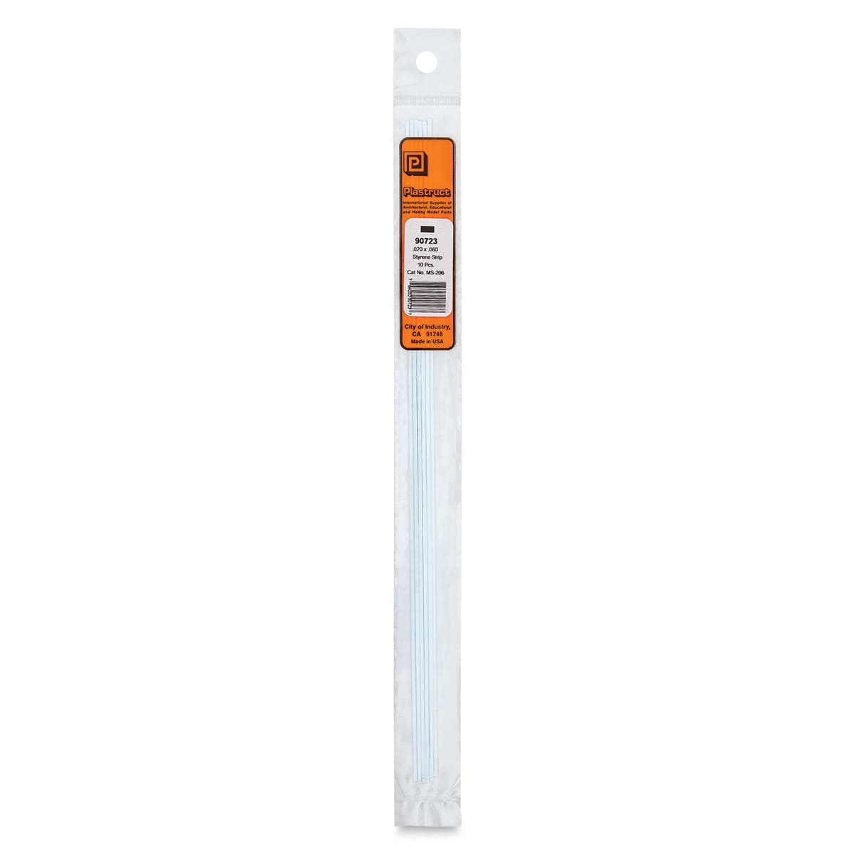 Plastruct Plastic Strip - Pkg of 10, 0.02" H × 0.06" W × 10" L - front of packaging
