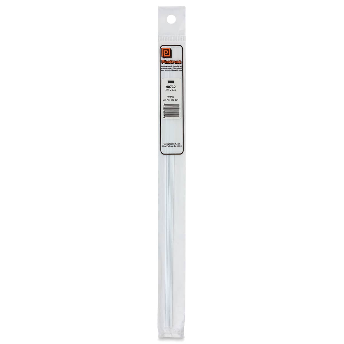 Plastruct Plastic Strip - Pkg of 10, 0.03" H × 0.04" W × 10" L - front of packaging