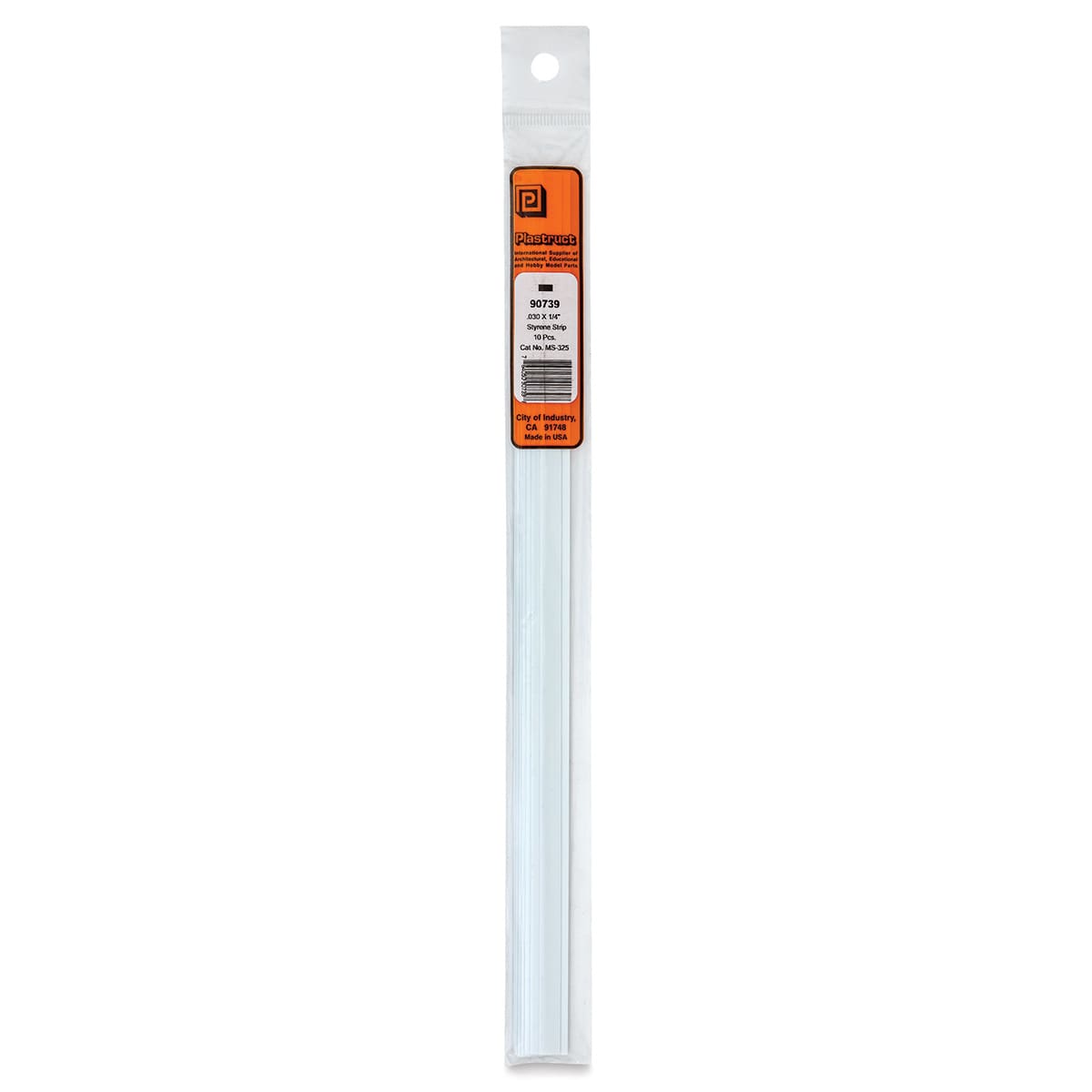 Plastruct Plastic Strip - Pkg of 10, 0.03" H × 0.04" W × 10" L - front of packaging
