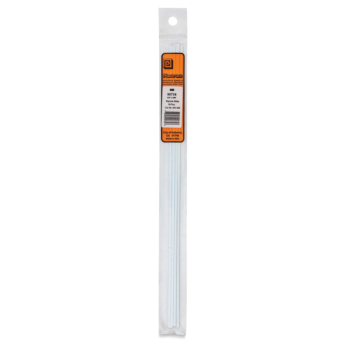 Plastruct Plastic Strip - Pkg of 10, 0.03" H × 0.08" W × 10" L - front of packaging