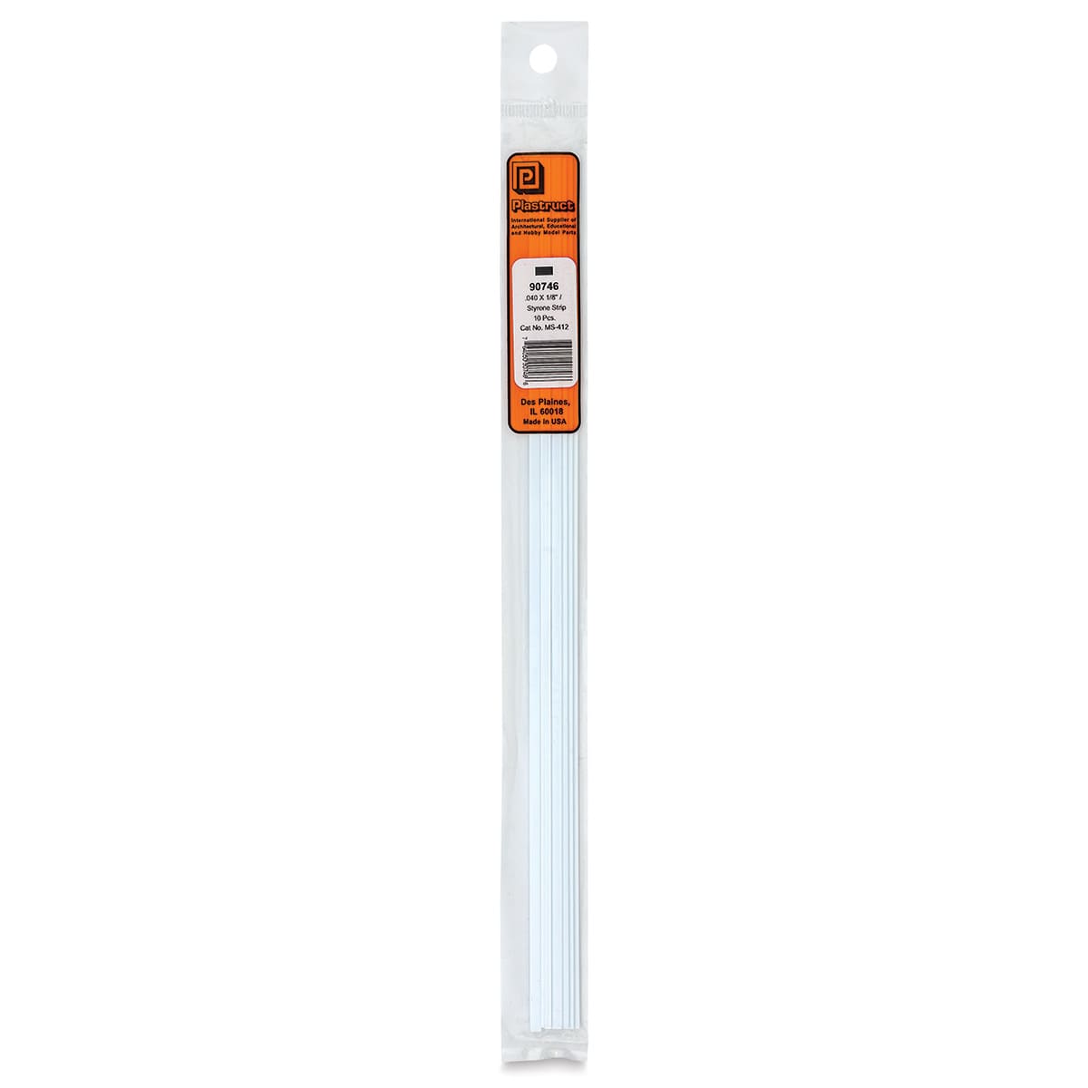 Plastruct Plastic Strip - Pkg of 10, 0.04" H × 0.125" W × 10" L - front of packaging