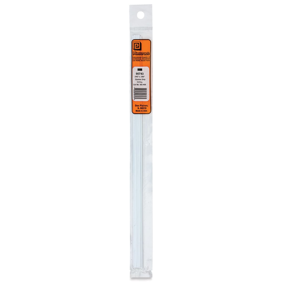 Plastruct Plastic Strip - Pkg of 10, 0.04" H × 0.06" W × 10" L - front of packaging