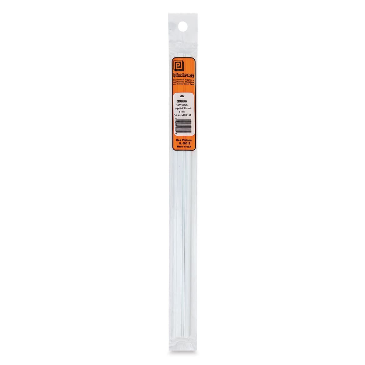 Plastruct Plastic Half-Round Rod - Pkg of 5, 0.187" Dia × 0.093" H × 10" L