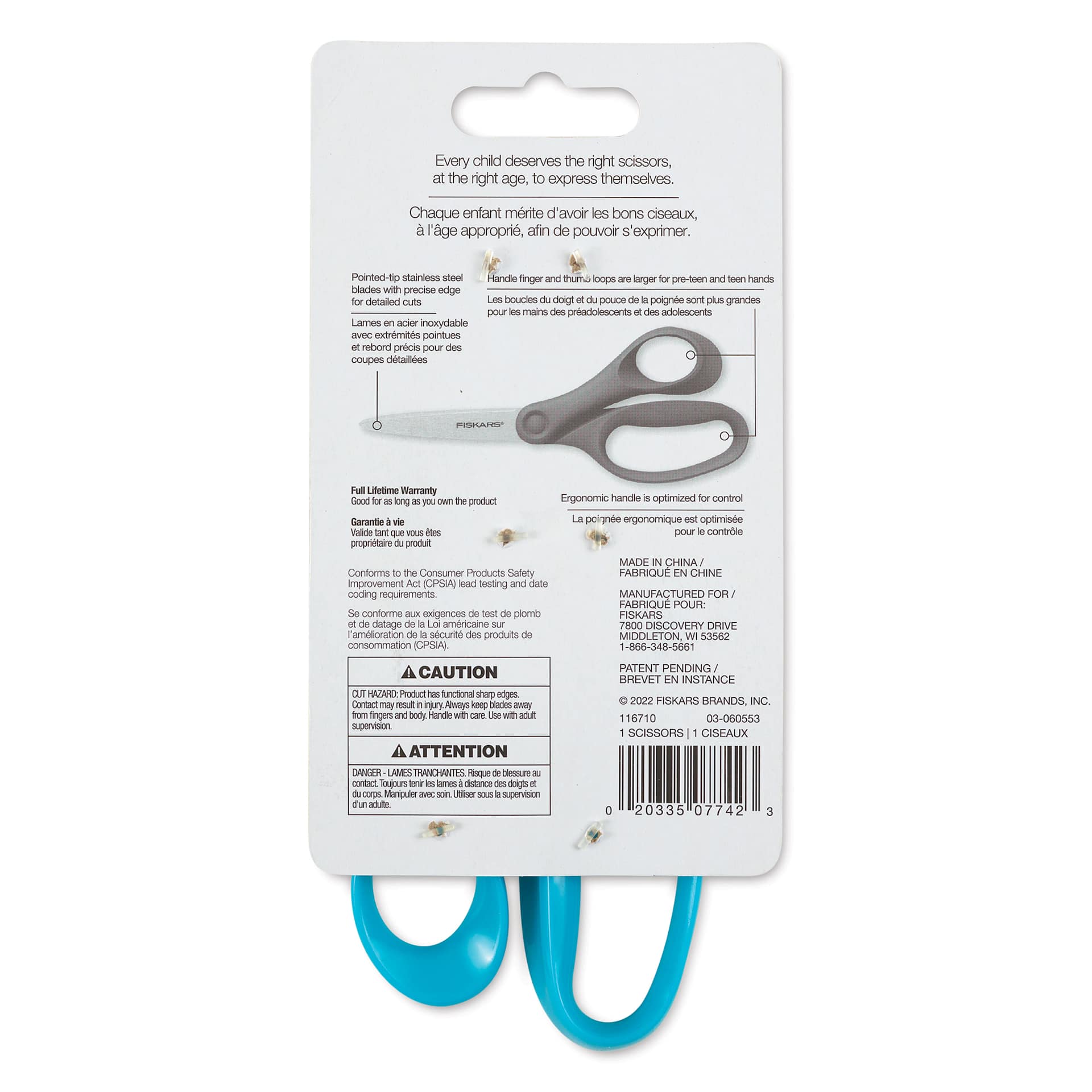 Fiskars Student Scissors - 7", 3" Cut - back of packaging, blue scissors (color will vary)