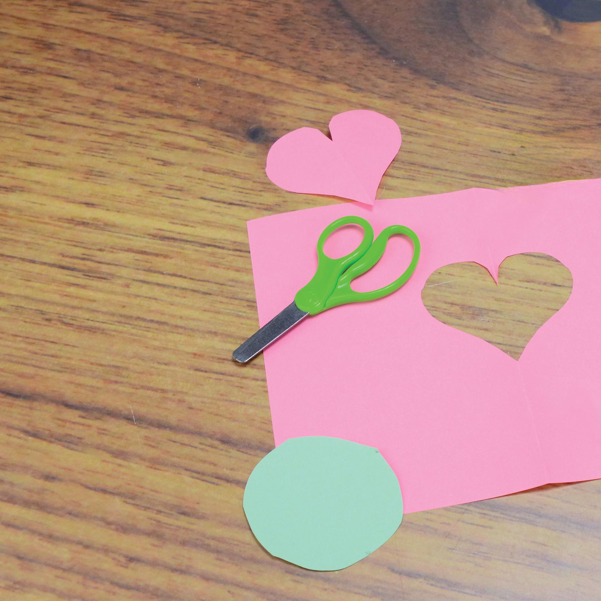 Stainless Scissors - 5", Blunt, heart cut out of construction paper