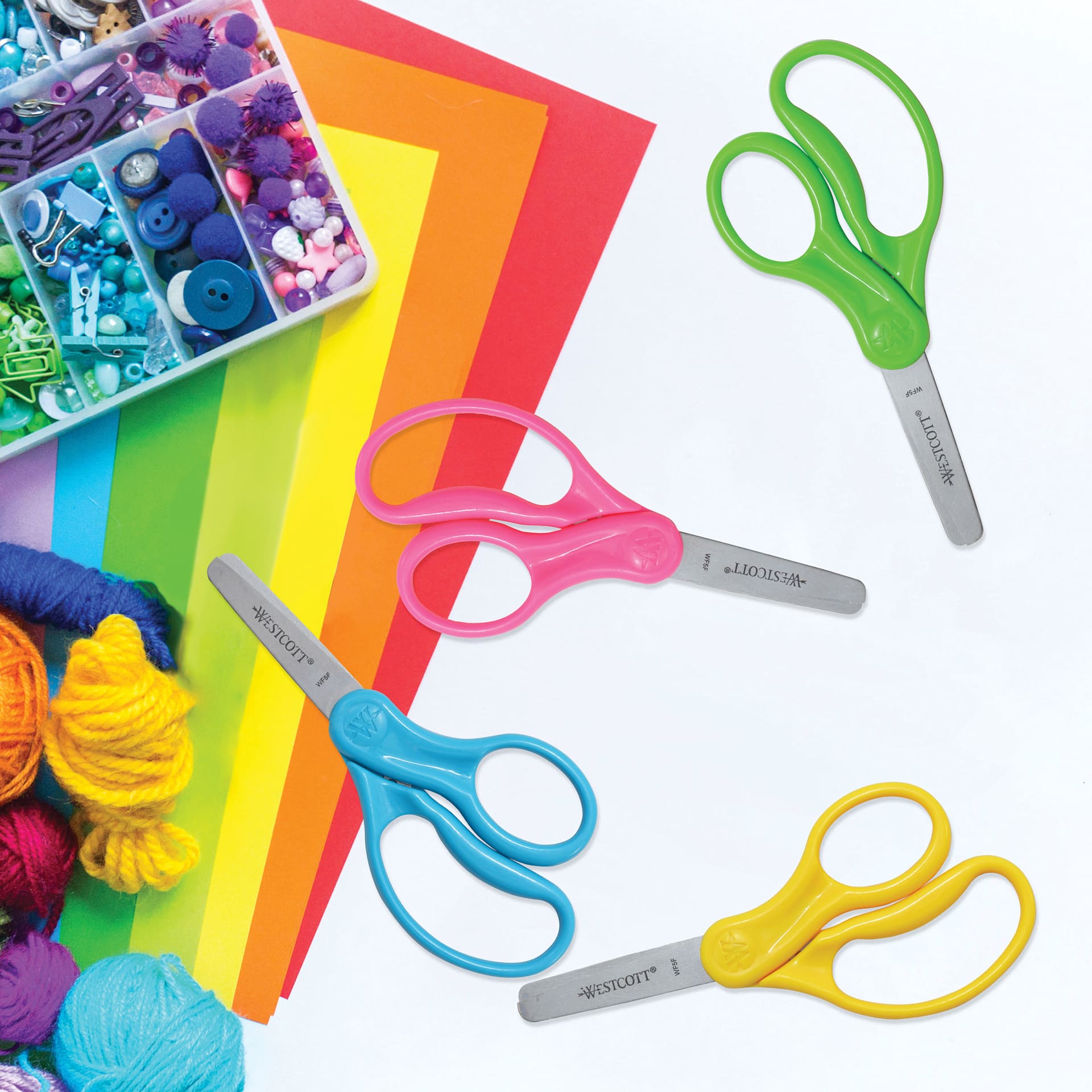 Westcott Hard Handle Kids Scissors - Pkg of 12, 5", Blunt, 4 scissors with crafting supplies (not included)