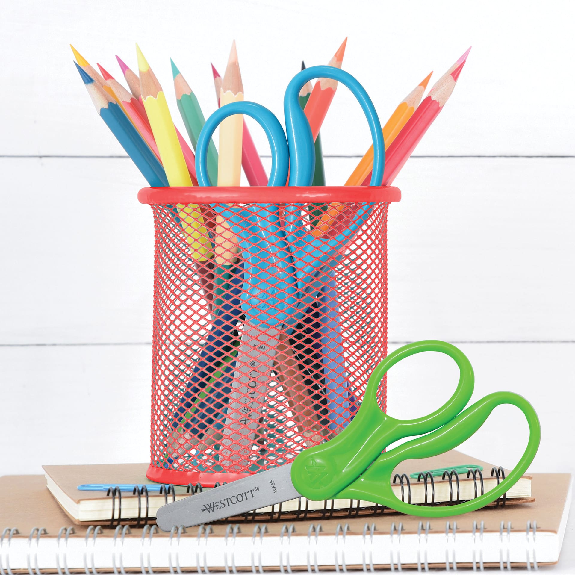 Westcott Hard Handle Kids Scissors - Pkg of 12, 5", Blunt, scissors and pencils in storage cup (pencils and cup not included)