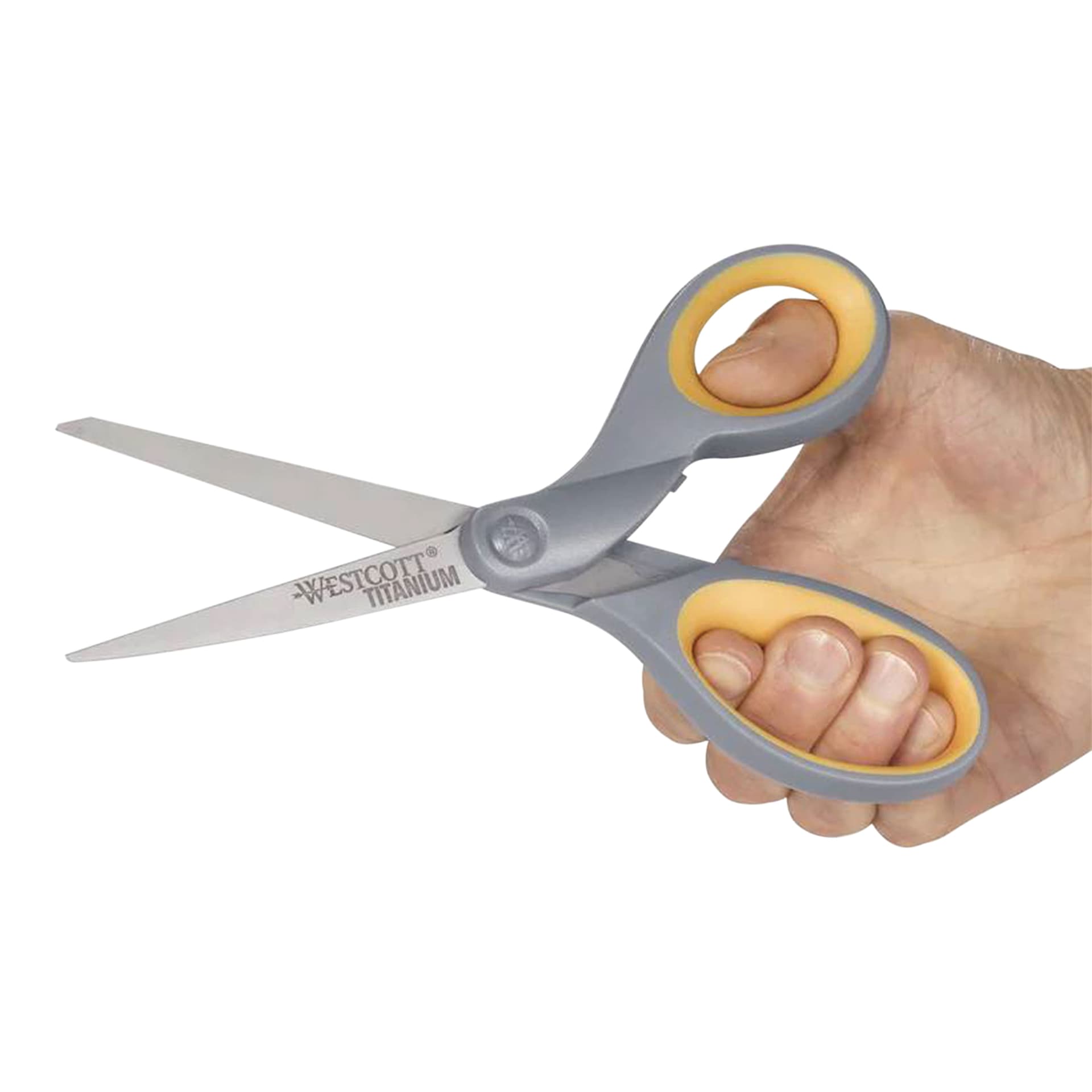 Westcott Straight Soft Handle Titanium Bonded Scissors - 7" being held