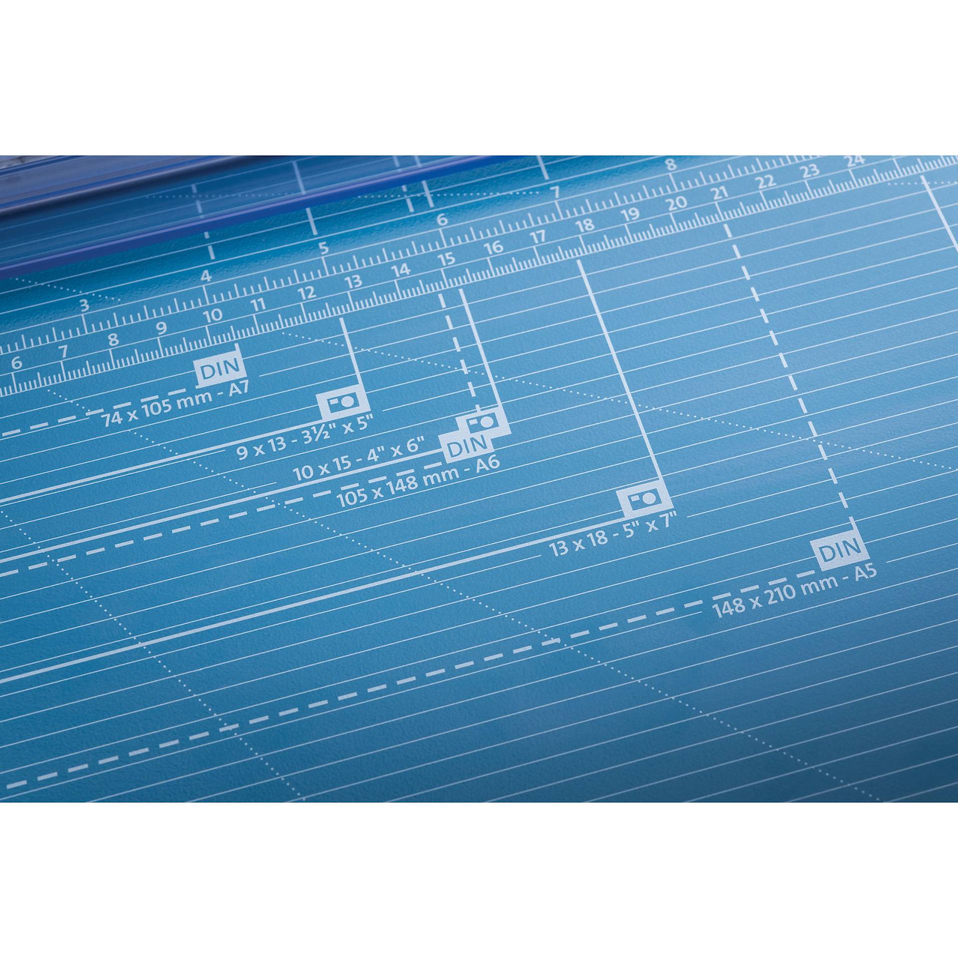 Dahle Professional Rotary Trimmer - 14" Cutting Length, close-up of dimensions on surface