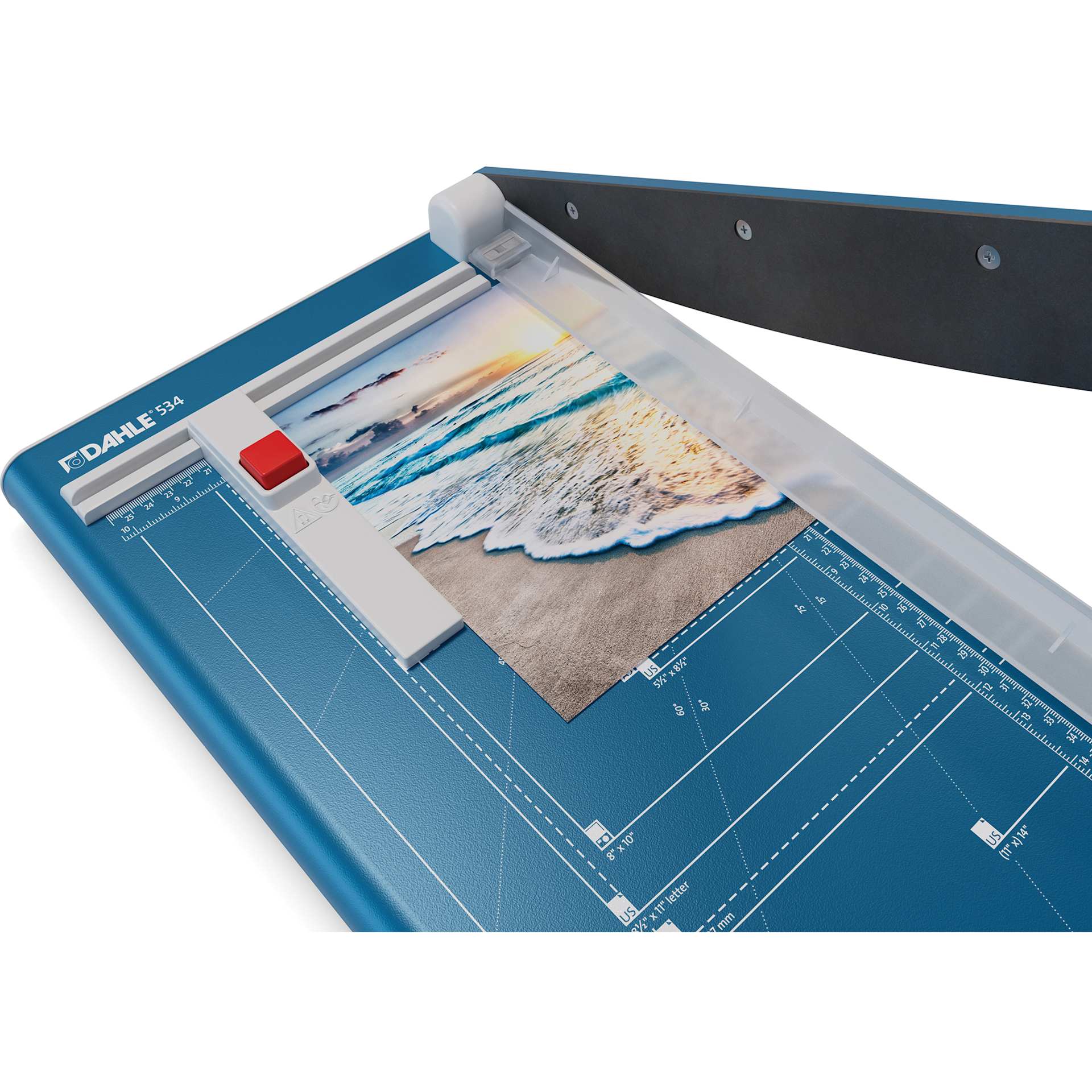 Dahle Professional Series Guillotine Paper Trimmer - 18" Cutting Length, 22-3/4" x 11-1/4" - paper guide in use