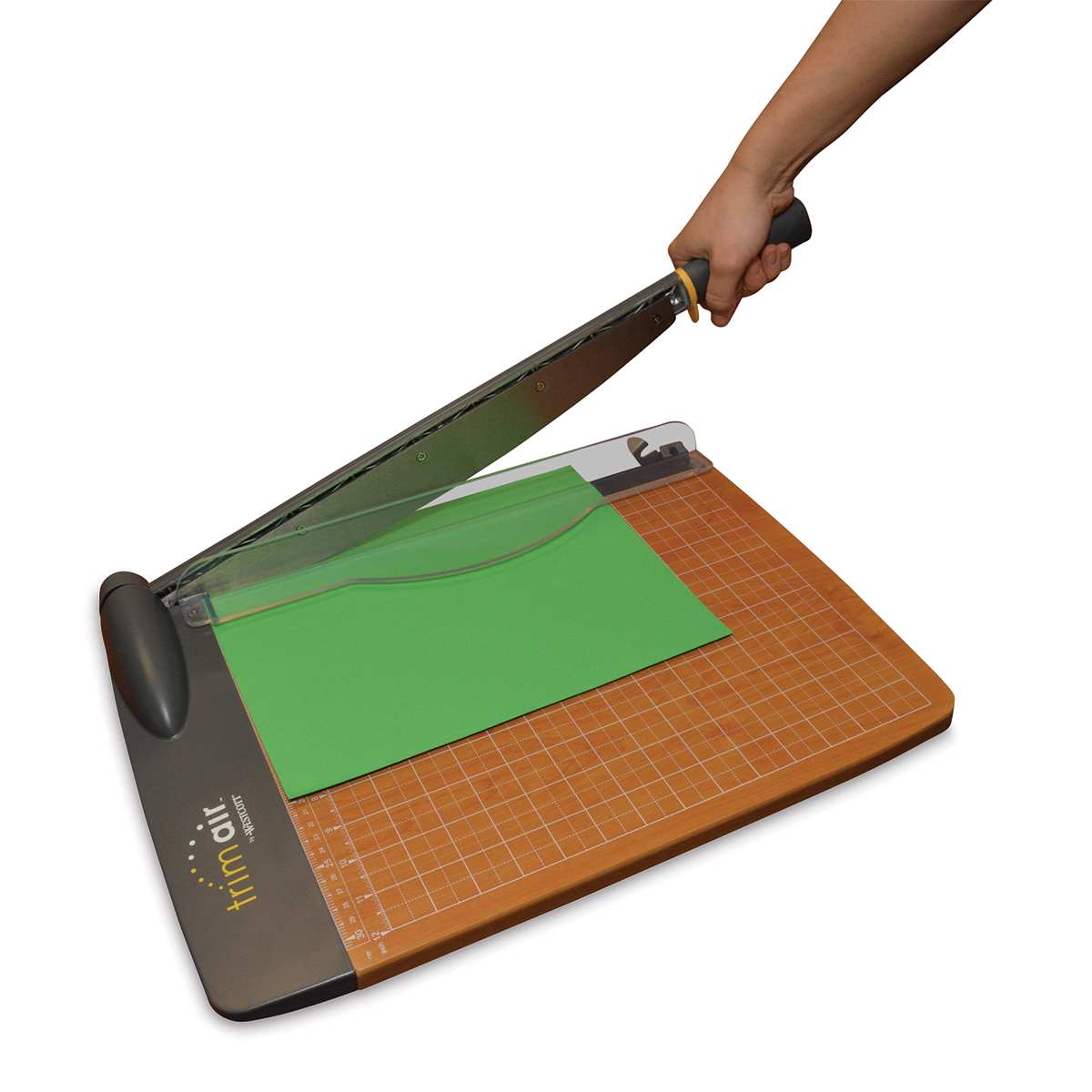 Westcott Trimair Trimmer - Guillotine, 15' Cut - preparing to cut paper