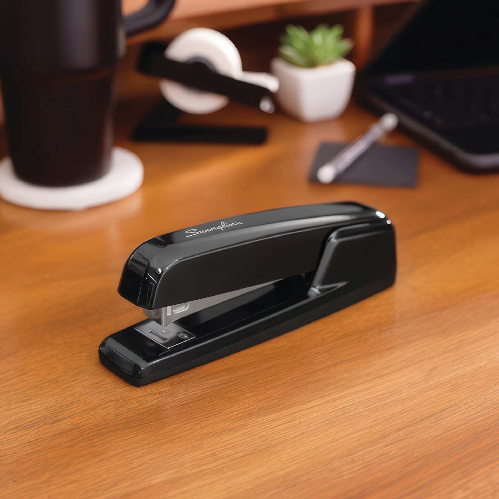 Swingline 747 Antimicrobial Business Stapler sitting on desk