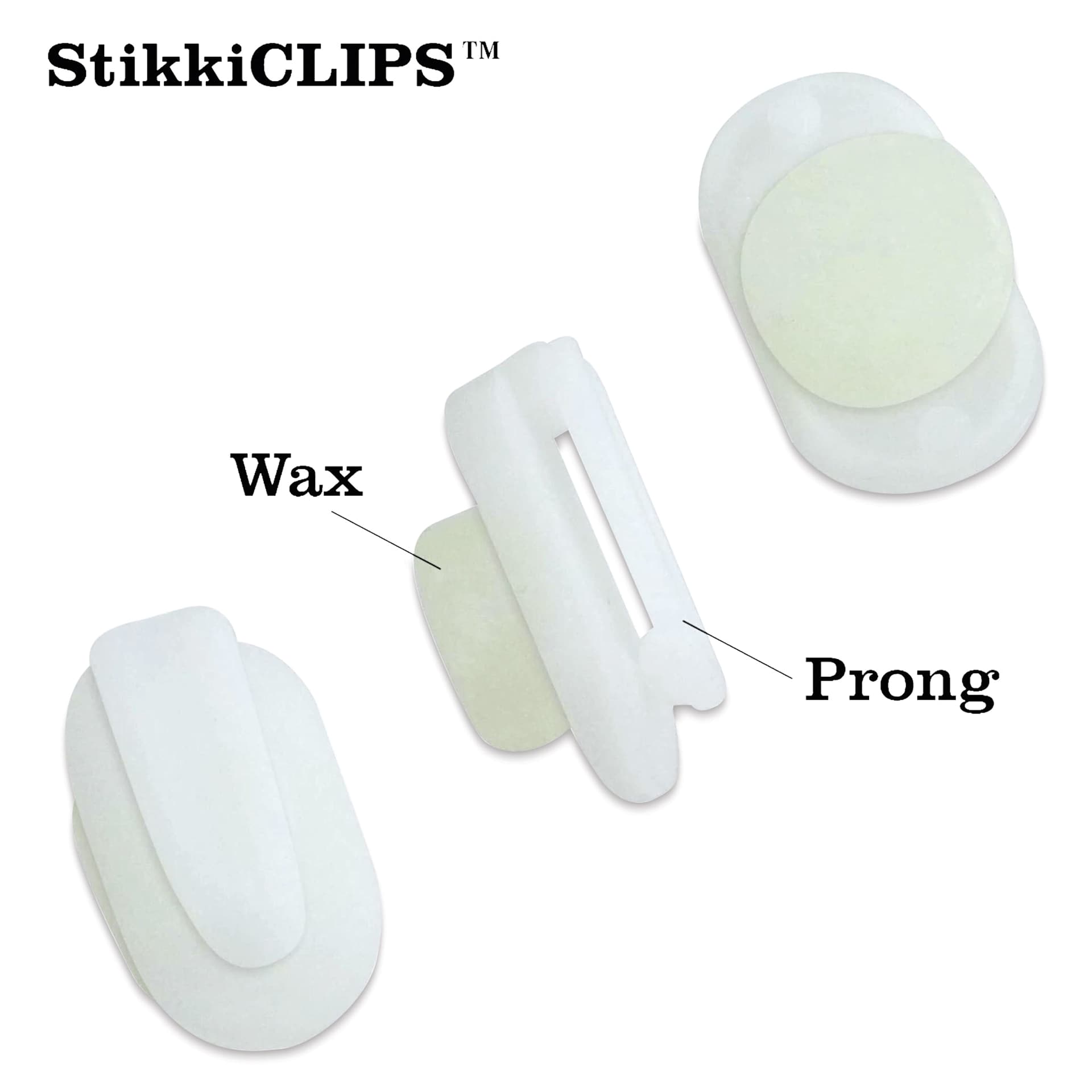 StikkiWorks StikkiClips - Adhesive Wax, Pkg of 20, demonstrating the wax and prong of the clip. 