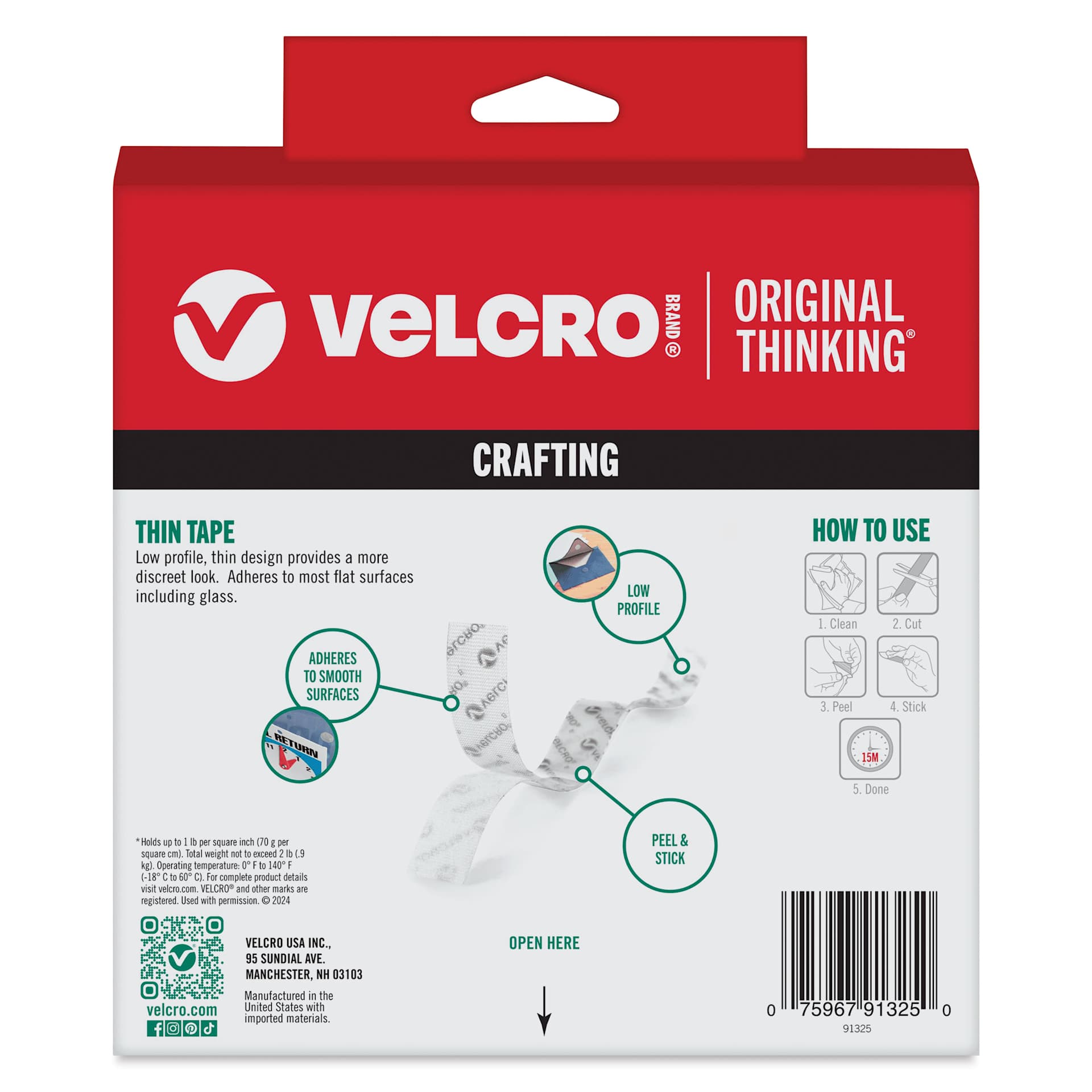 Velcro Brand Thin Tape - Clear, 3/4" x 15 ft, Tape Roll back of packaging