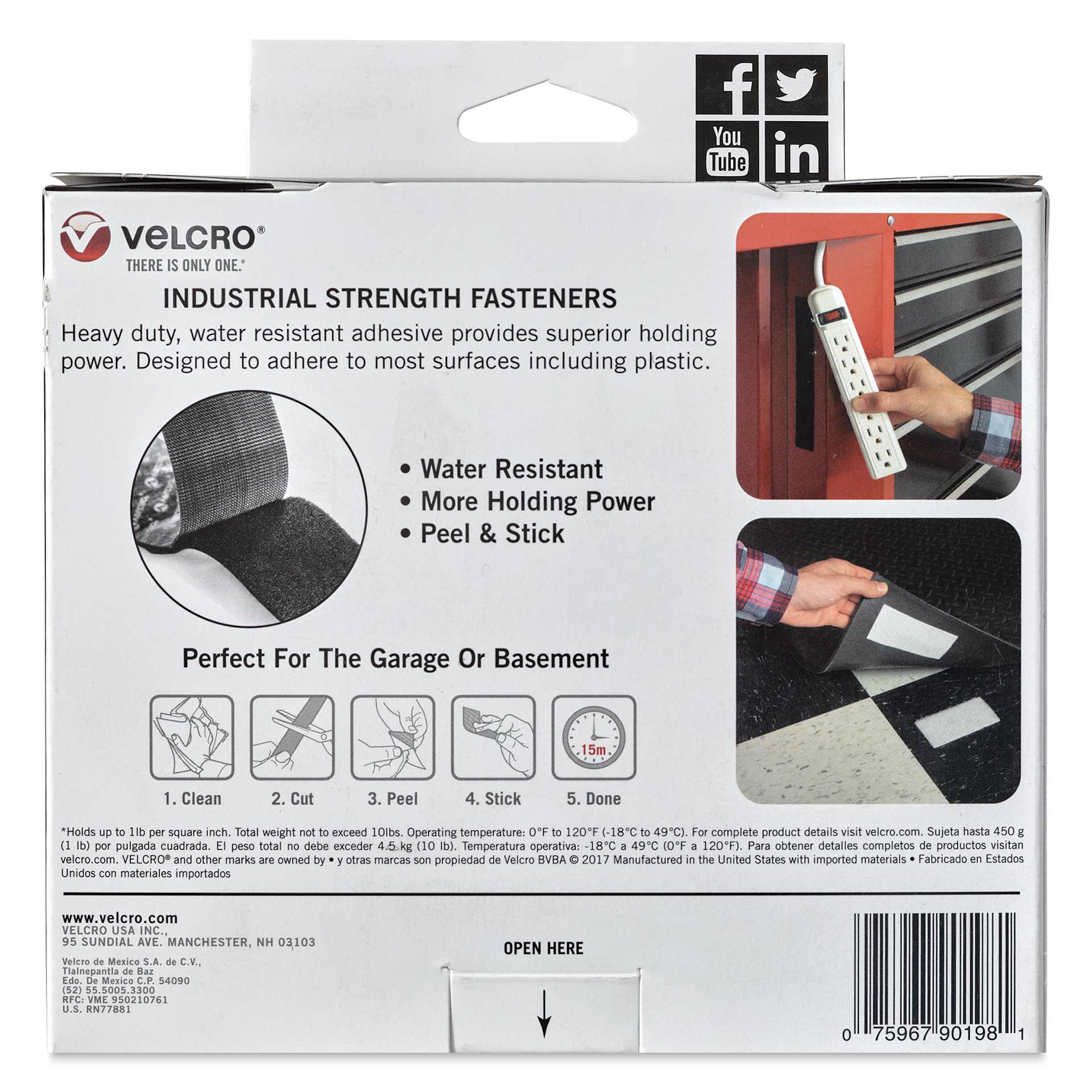 Velcro Brand Industrial Strength Fasteners - Tape Roll, White, 2" x 15 ft, back of packaging
