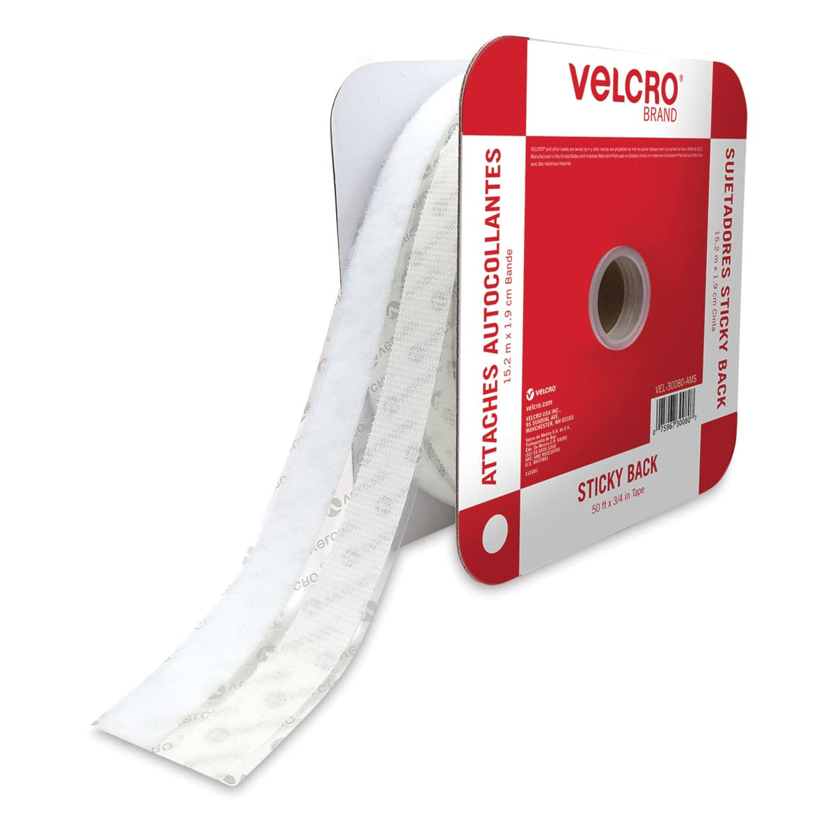 Velcro Sticky Back Fasteners - White, 3/4" x 50 ft, Tape Roll front of packaging