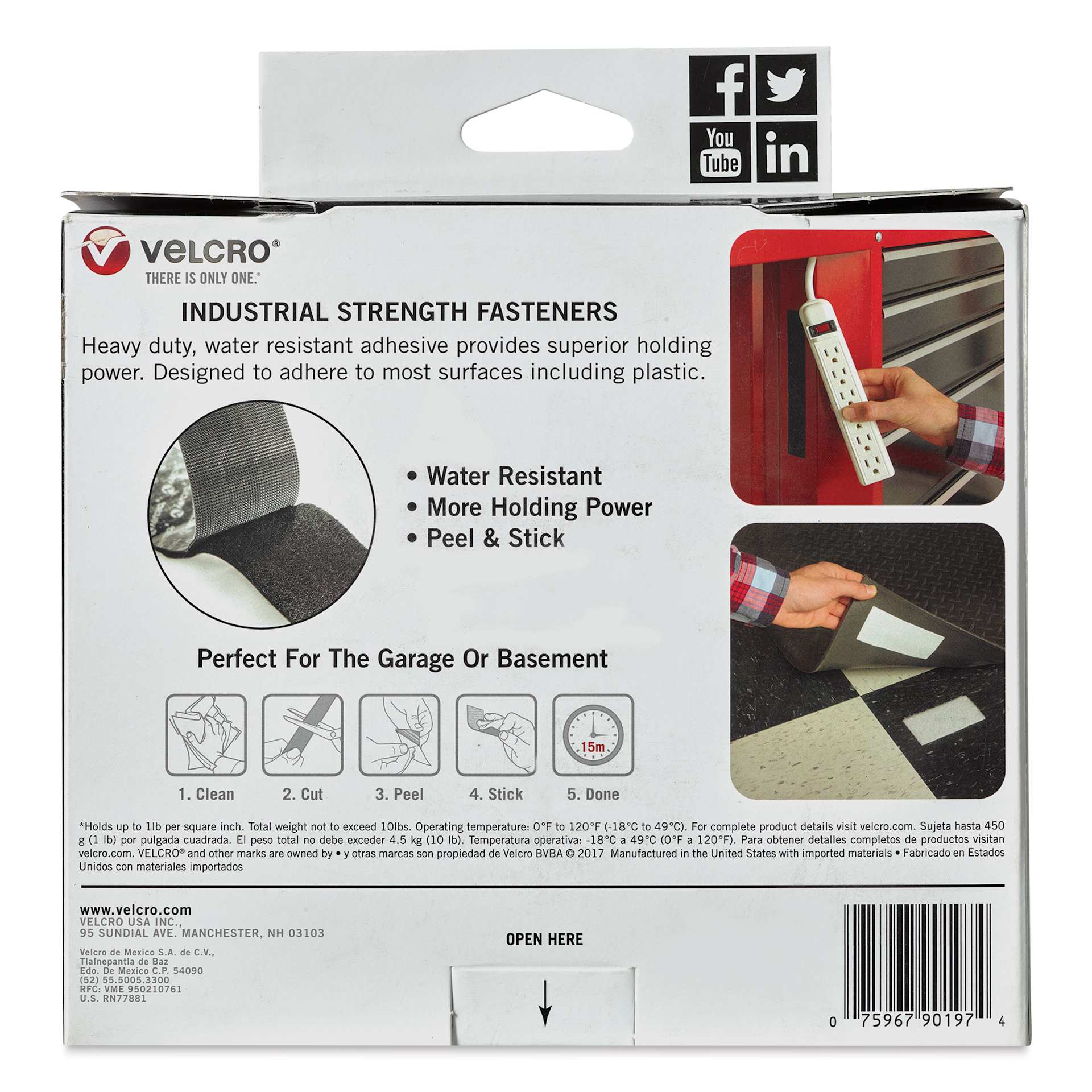 Velcro Brand Industrial Strength Fasteners - Tape Roll, Black, 2" x 15 ft, back of packaging