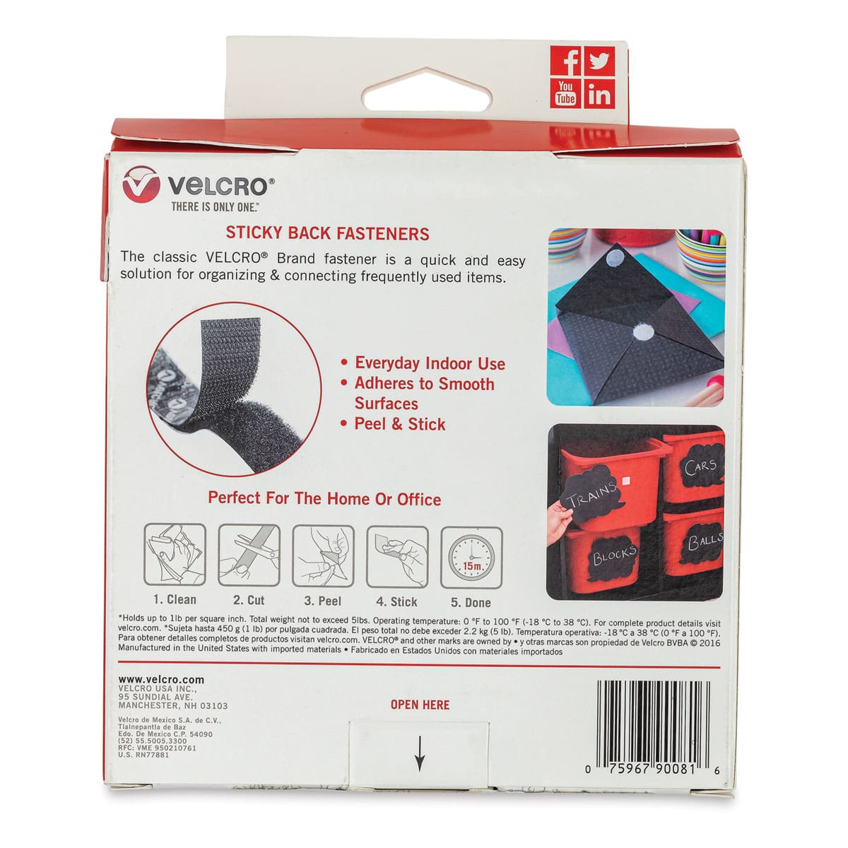 Velcro Brand Sticky Back Hook and Loop Fastener - Black, 3/4" x 15 ft (Back of packaging)