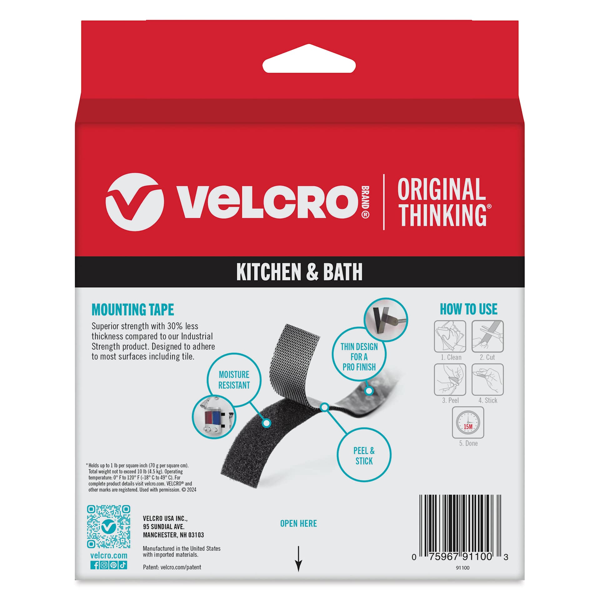 Velcro Brand Industrial Strength Low Profile Tape Roll - 1" x 10 ft back of packaging