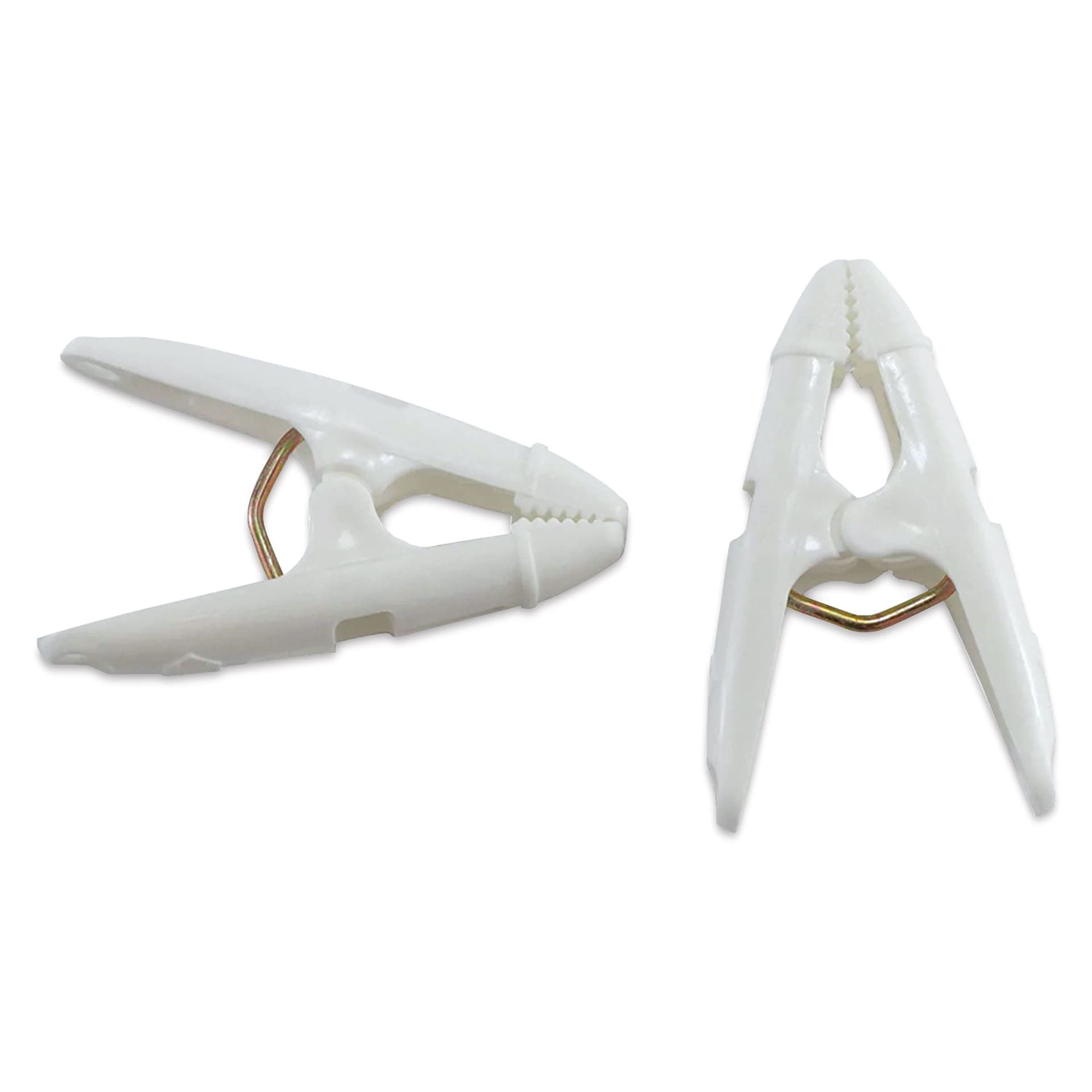 StikkiWorks Grid Ceiling Hanglers Clothes Pin Clamps, close up of individual clamps. 