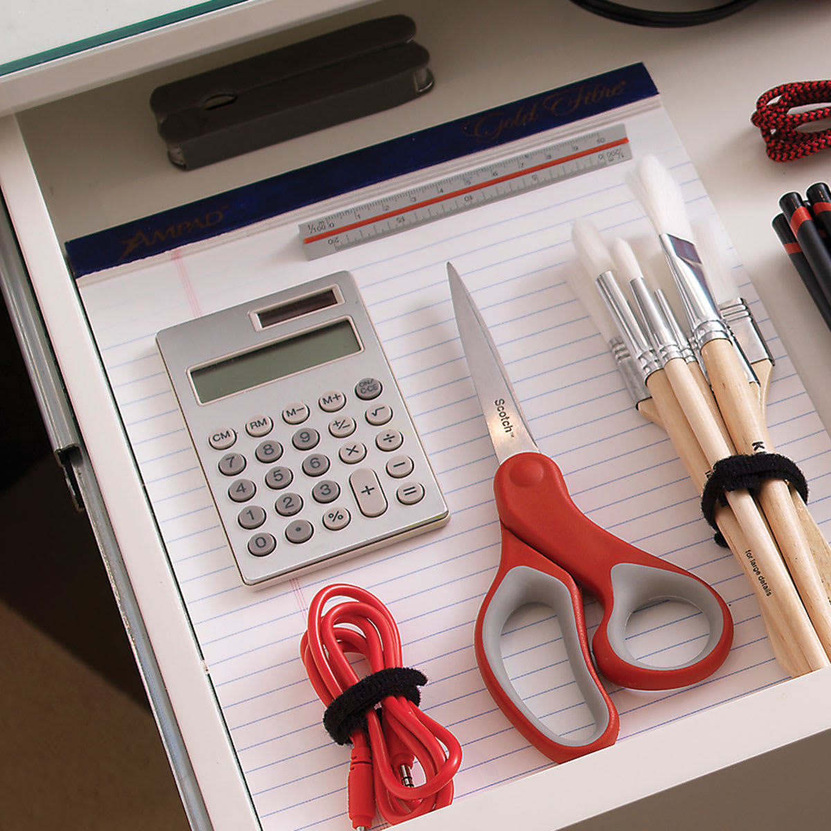Velcro Brand One-Wrap Rolls - desk drawer with velcro secured supplies
