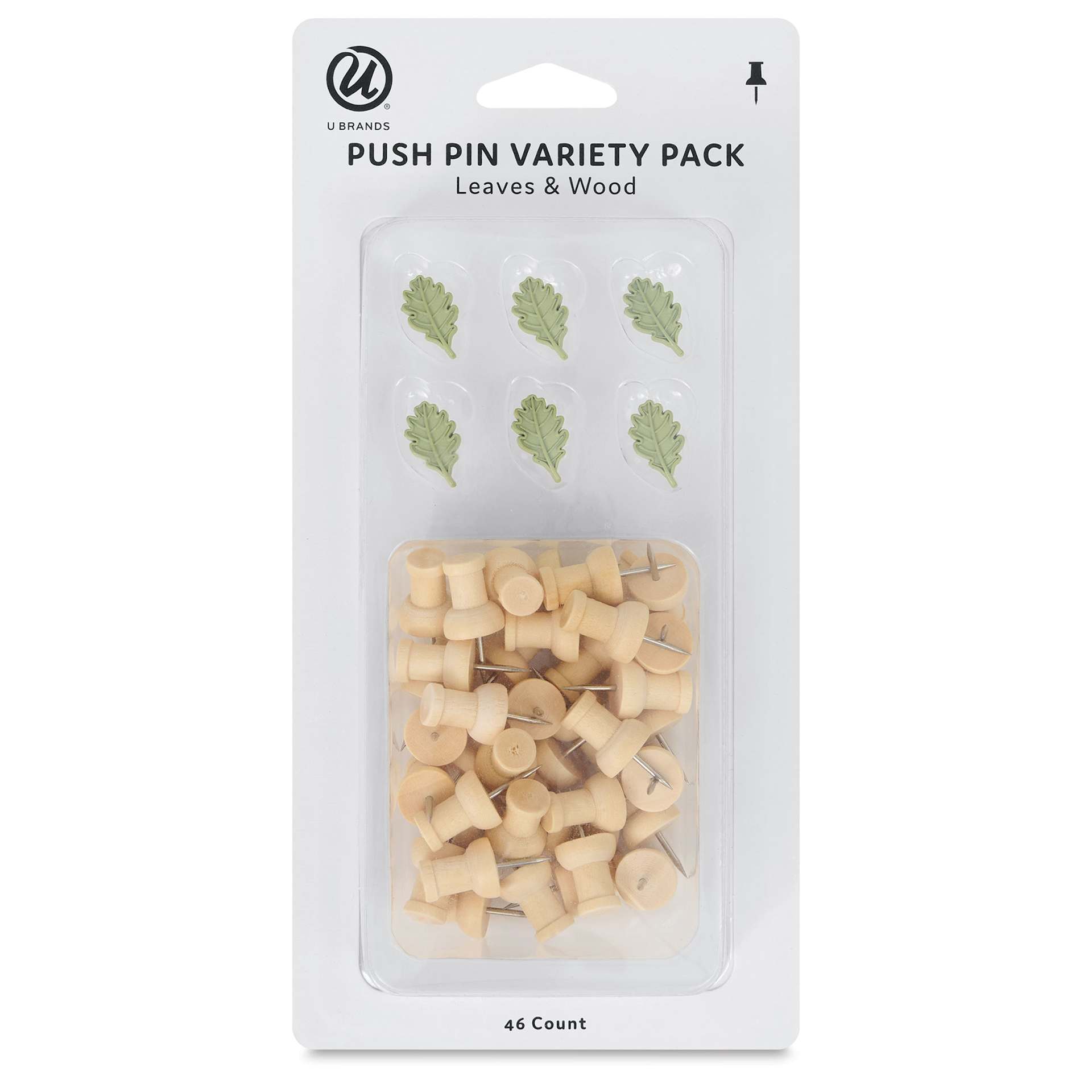 U Brands Push Pins - Leaves & Wood Variety Pack, Pkg of 46 front of packaging