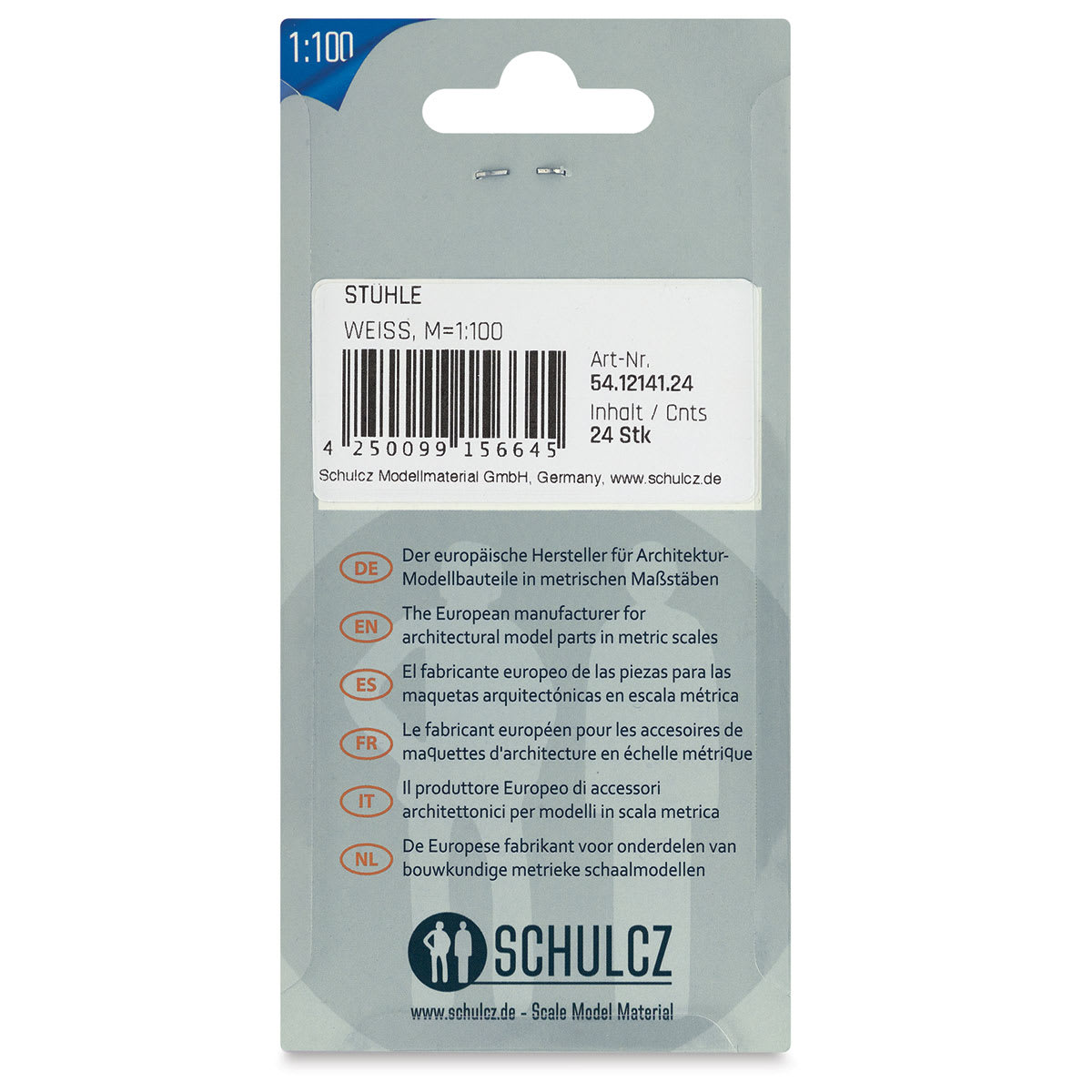 Schulcz Scale Model Furniture - Dining Chairs, Pkg of 24, 1:100, 1/8" (back of package)