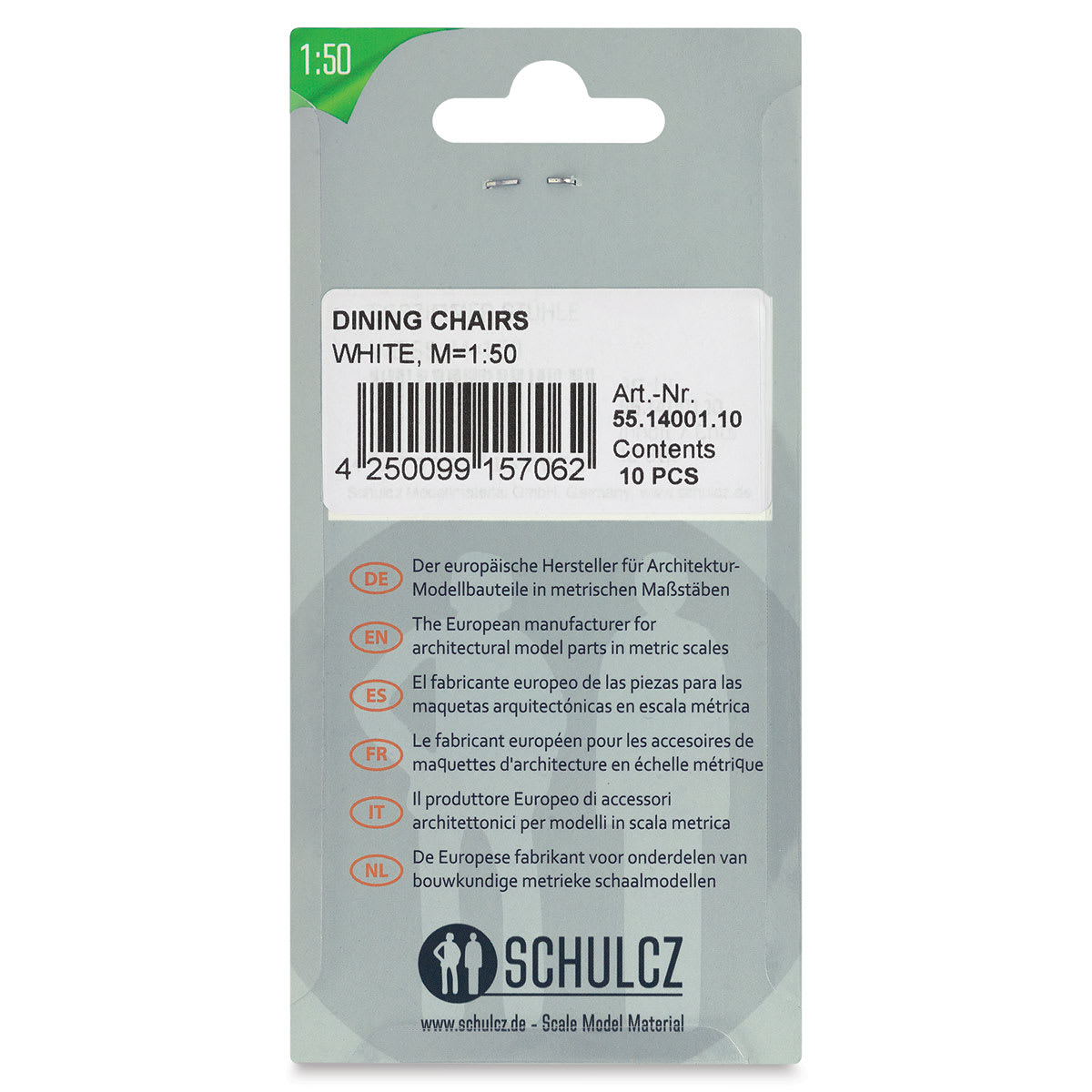 Schulcz Scale Model Furniture - Dining Chairs, Pkg of 10, 1:50, 1/4" (back of package)