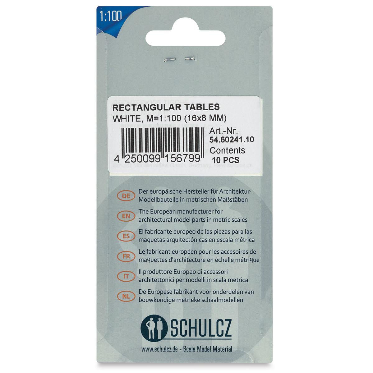 Schulcz Scale Model Furniture - Rectangular Tables, Pkg of 10, 1:100, 1/8" (back of package)
