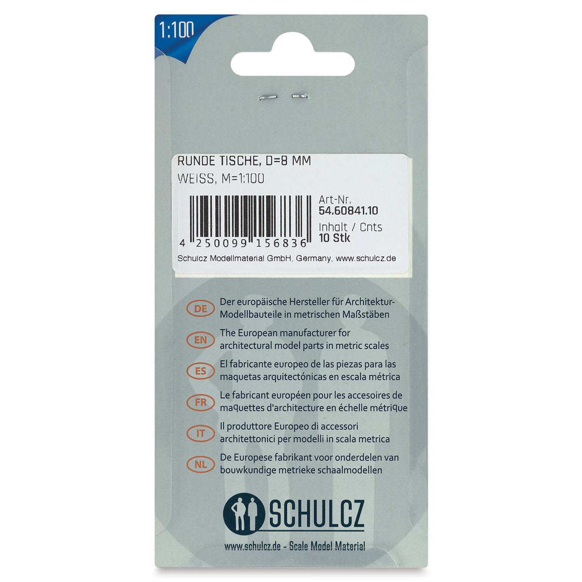 Schulcz Scale Model Furniture - Round Tables, Pkg of 10, 1:100, 1/8" (back of package)