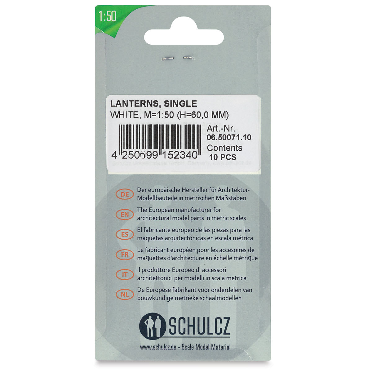 Schulcz Scale Model Building Parts - Single Latern Street Lights, Pkg of 10, 1:50, 1/4" (back of package)