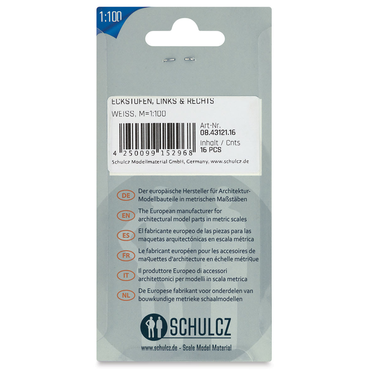 Schulcz Scale Model Building Parts - Straight Steps, Pkg of 16, 1:100, 1/8" (back of package)