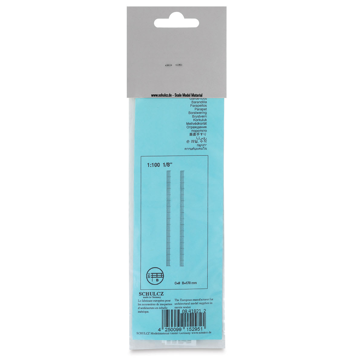 Schulcz Scale Model Building Parts - Balustrades, Pkg of 2, 1:100, 1/8" (back of package)