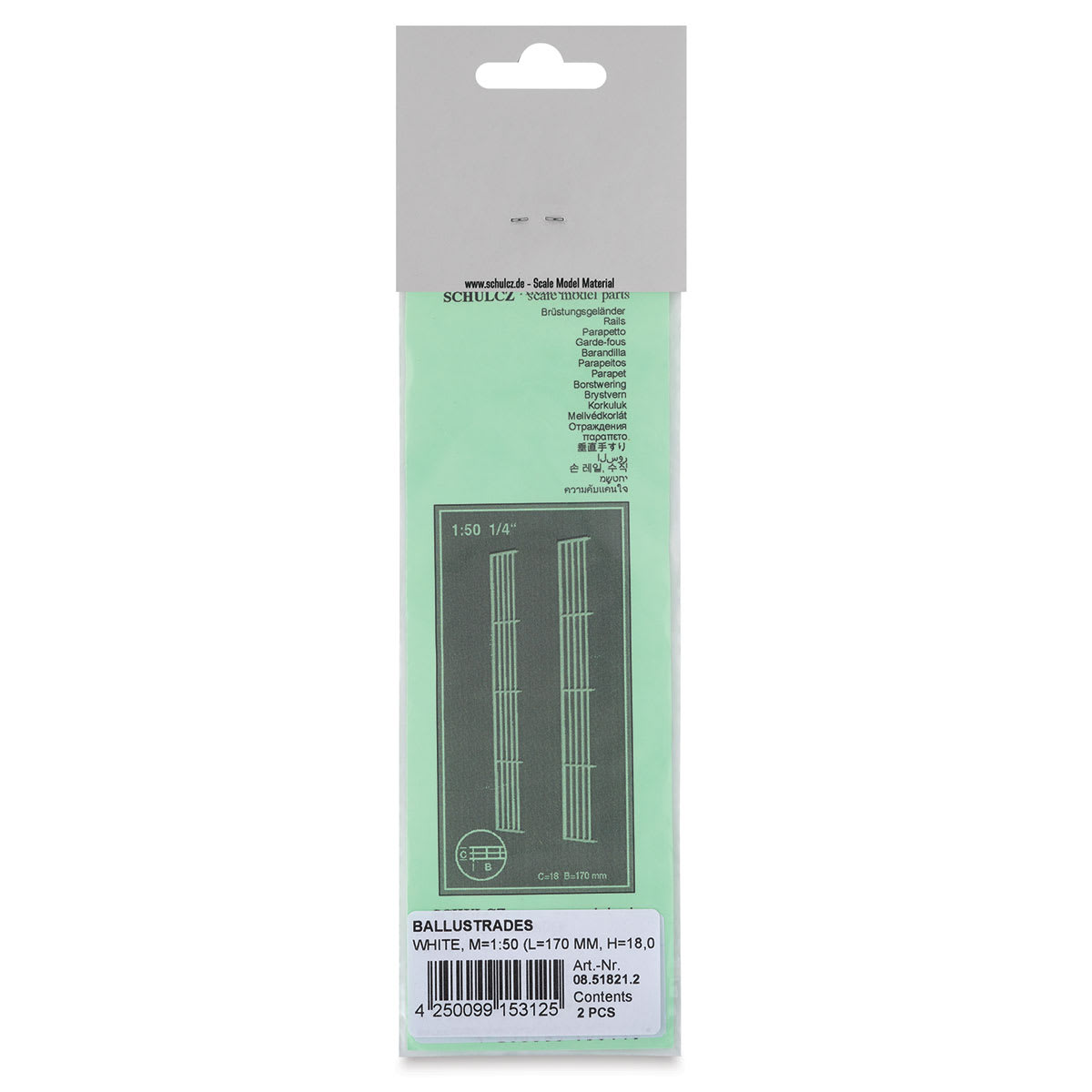 Schulcz Scale Model Building Parts - Balustrades, Pkg of 2, 1:50, 1/4" (back of package)