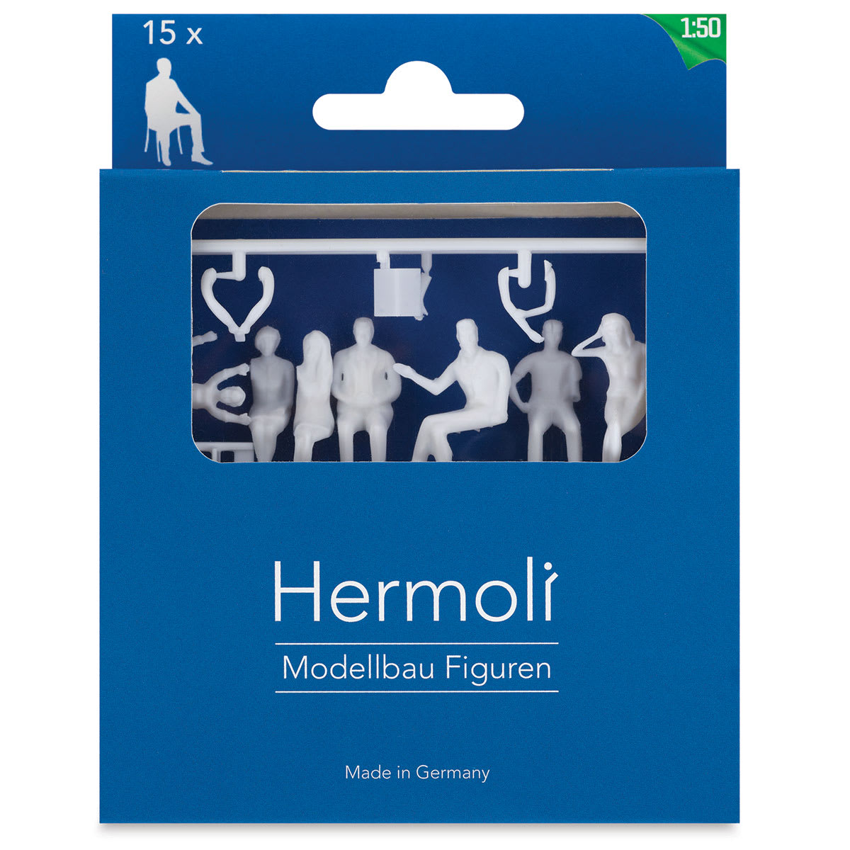 Schulcz Scale Model Figures - Hermoli Sitting, Pkg of 15, 1:50, 1/4" (front of box)
