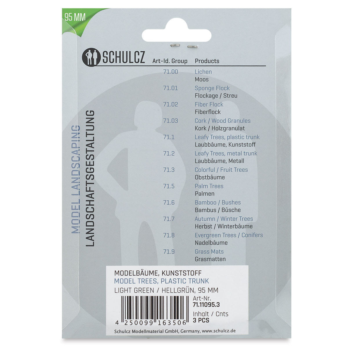 Schulcz Scale Model Trees - Leafy Tree, Plastic Trunk, 95 mm, Pkg of 3 (back of package)