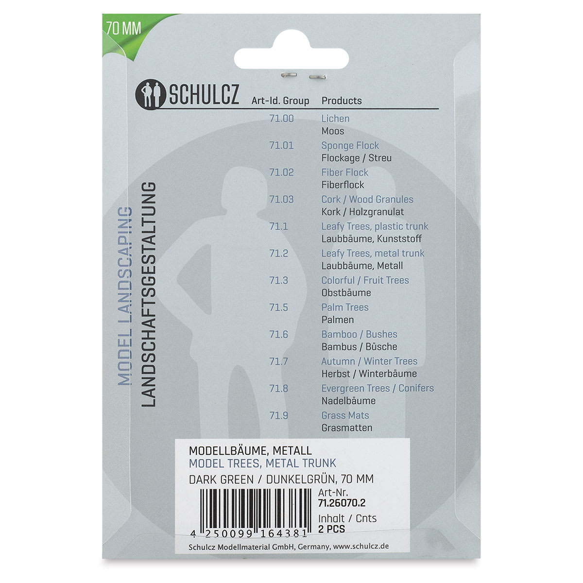 Schulcz Scale Model Trees - Leafy Tree, Metal Trunk, 70 mm, Pkg of 2 (back of package)