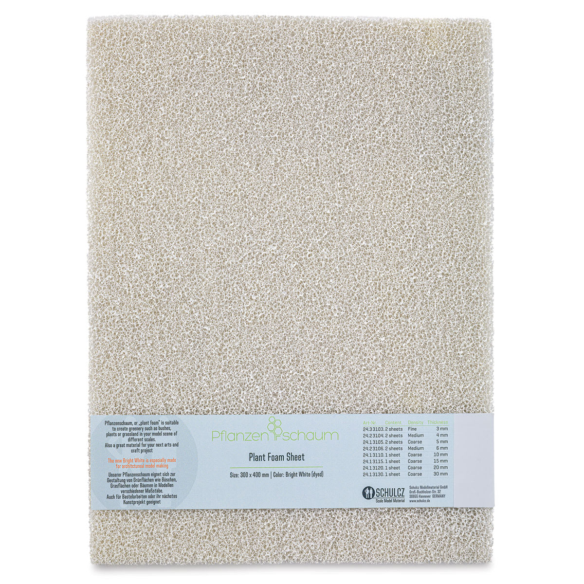 Schulcz Scale Model Plant Foam - White, Single, Coarse, 10 mm, 11-3/4" x 15-3/4" (front of package)