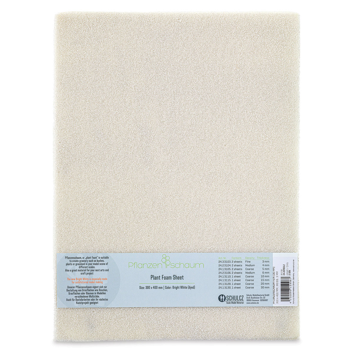 Schulcz Scale Model Plant Foam - White, Pkg of 2, Fine, 3 mm, 11-3/4" x 15-3/4" (front of package)