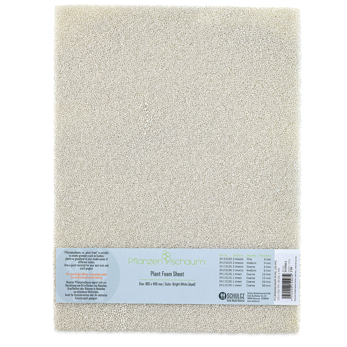Schulcz Scale Model Plant Foam - White, Pkg of 2, Medium, 4 mm, 11-3/4" x 15-3/4" (front of package)