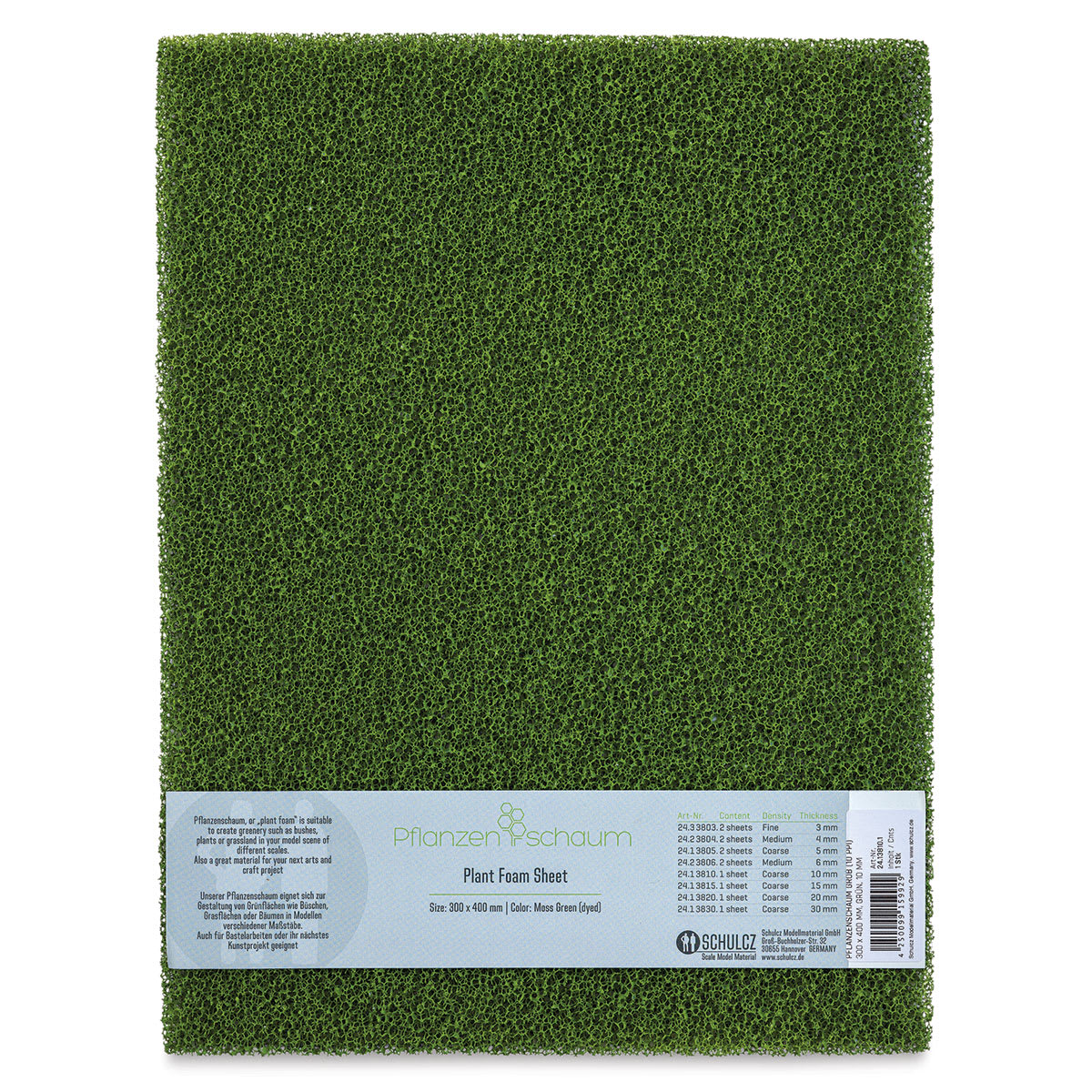 Schulcz Scale Model Plant Foam - Floral Green, Single, Coarse, 10 mm, 11-3/4" x 15-3/4" (front of package)
