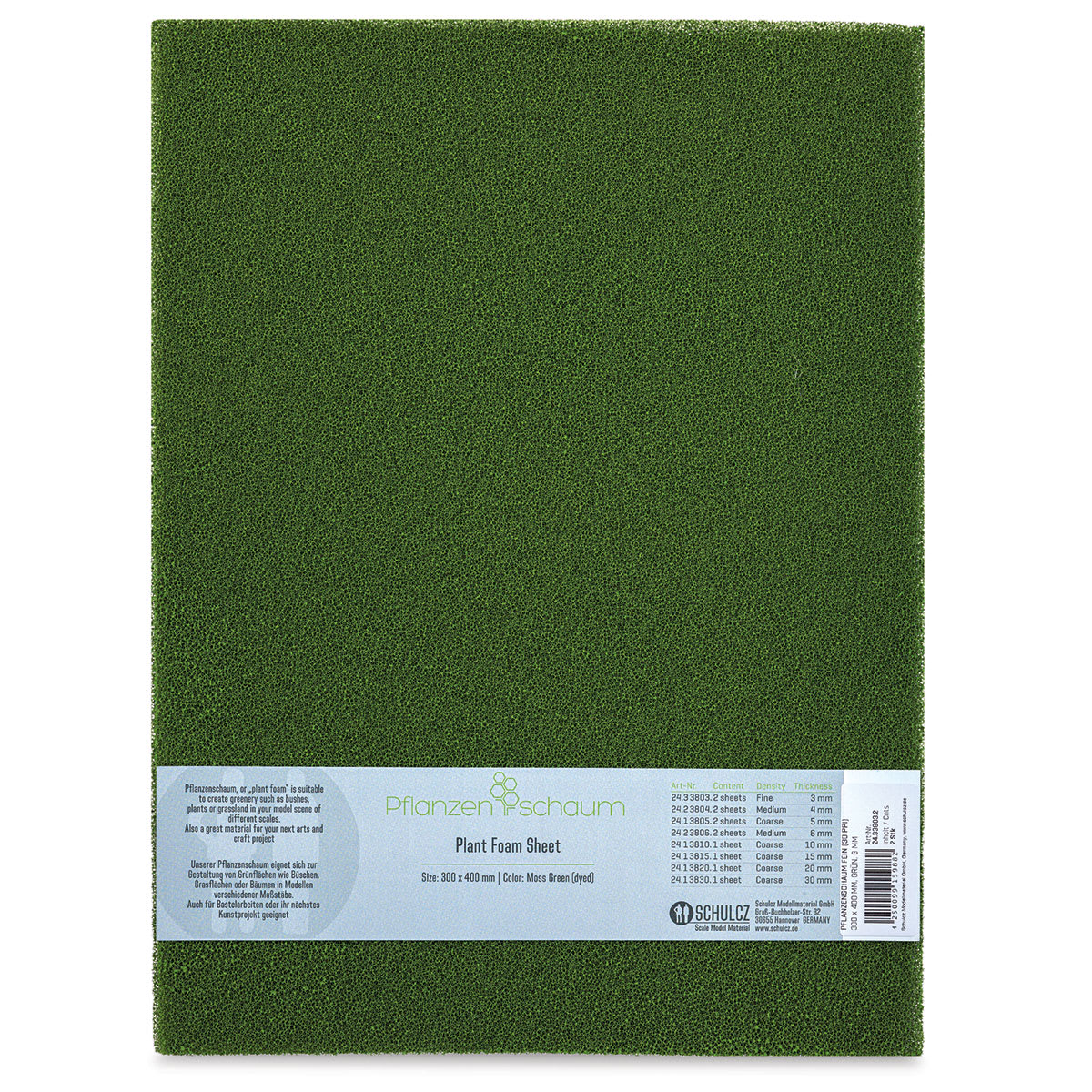 Schulcz Scale Model Plant Foam - Floral Green, Pkg of 2, Fine, 3 mm, 11-3/4" x 15-3/4" (front of package)