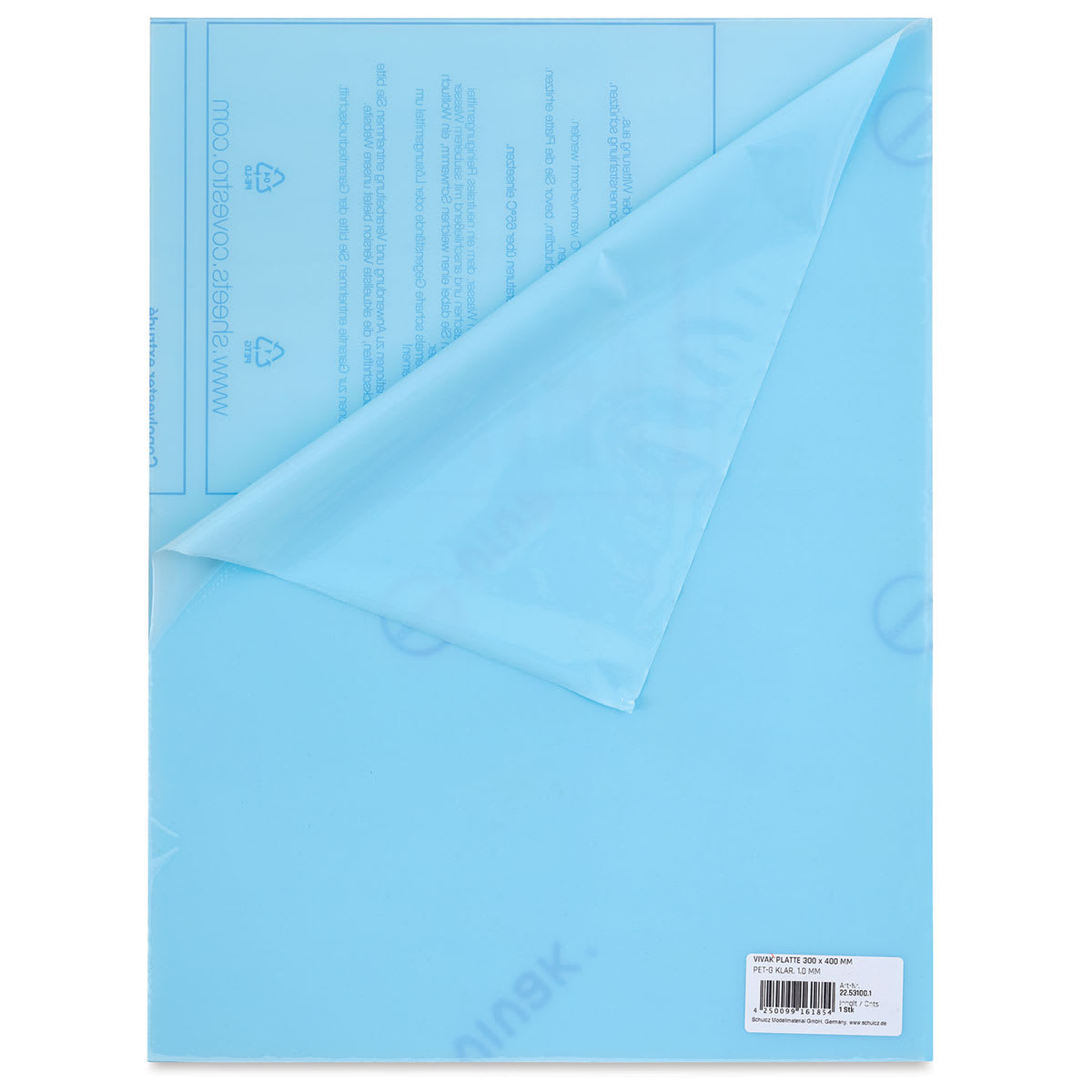 Schulcz Thermoplastic Sheet - PET-G, Transparent, 1 mm, 11-3/4" x 15-3/4" (shown with a protective covering)