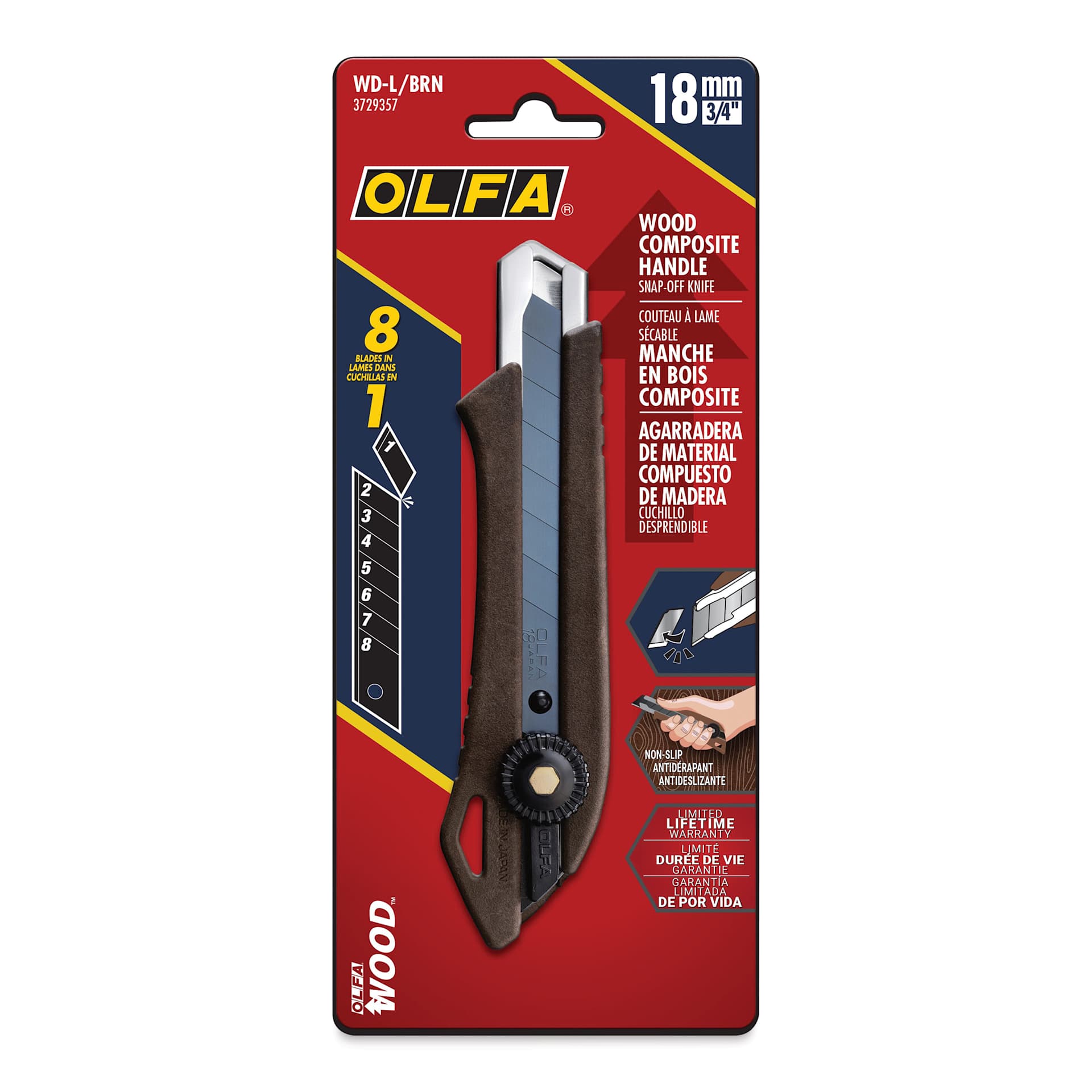 Olfa Wood Composite Ratchet Lock Utility Knife front of packaging