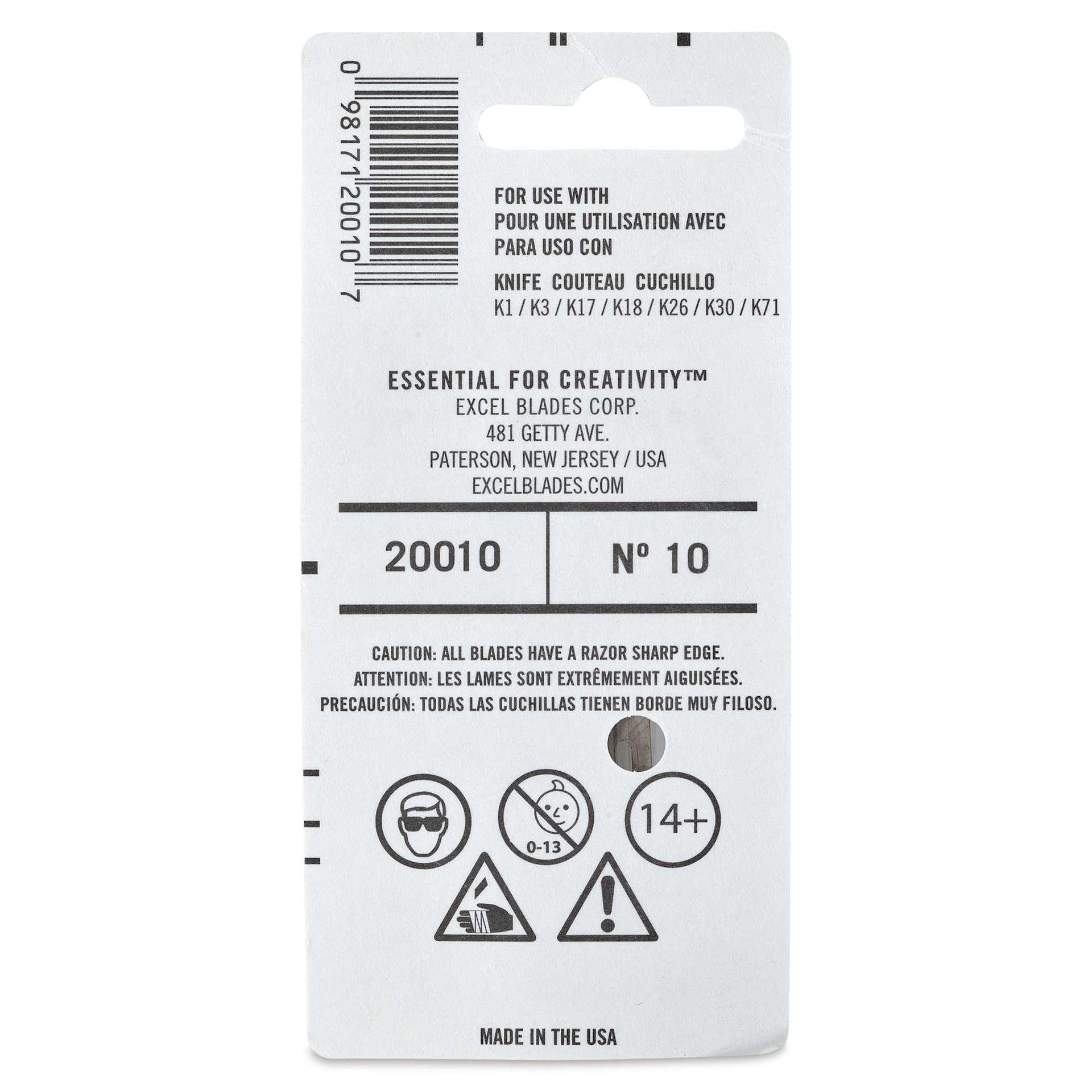 Excel Blades #10 Curved Edge Blade - Pkg of 5, back of the packaging