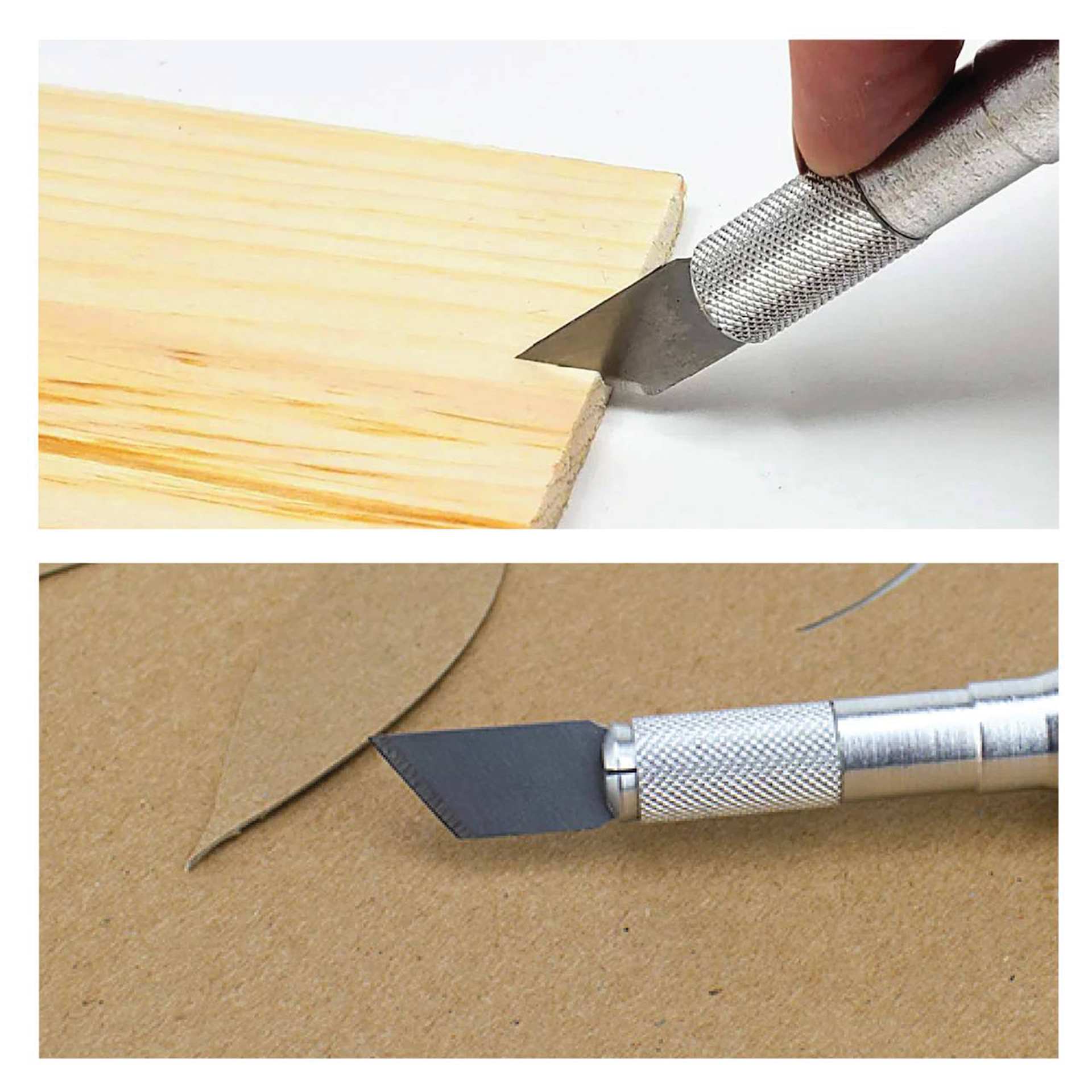 Excel Blades #19 Sharp Edge Angled Blade shown cutting different materials